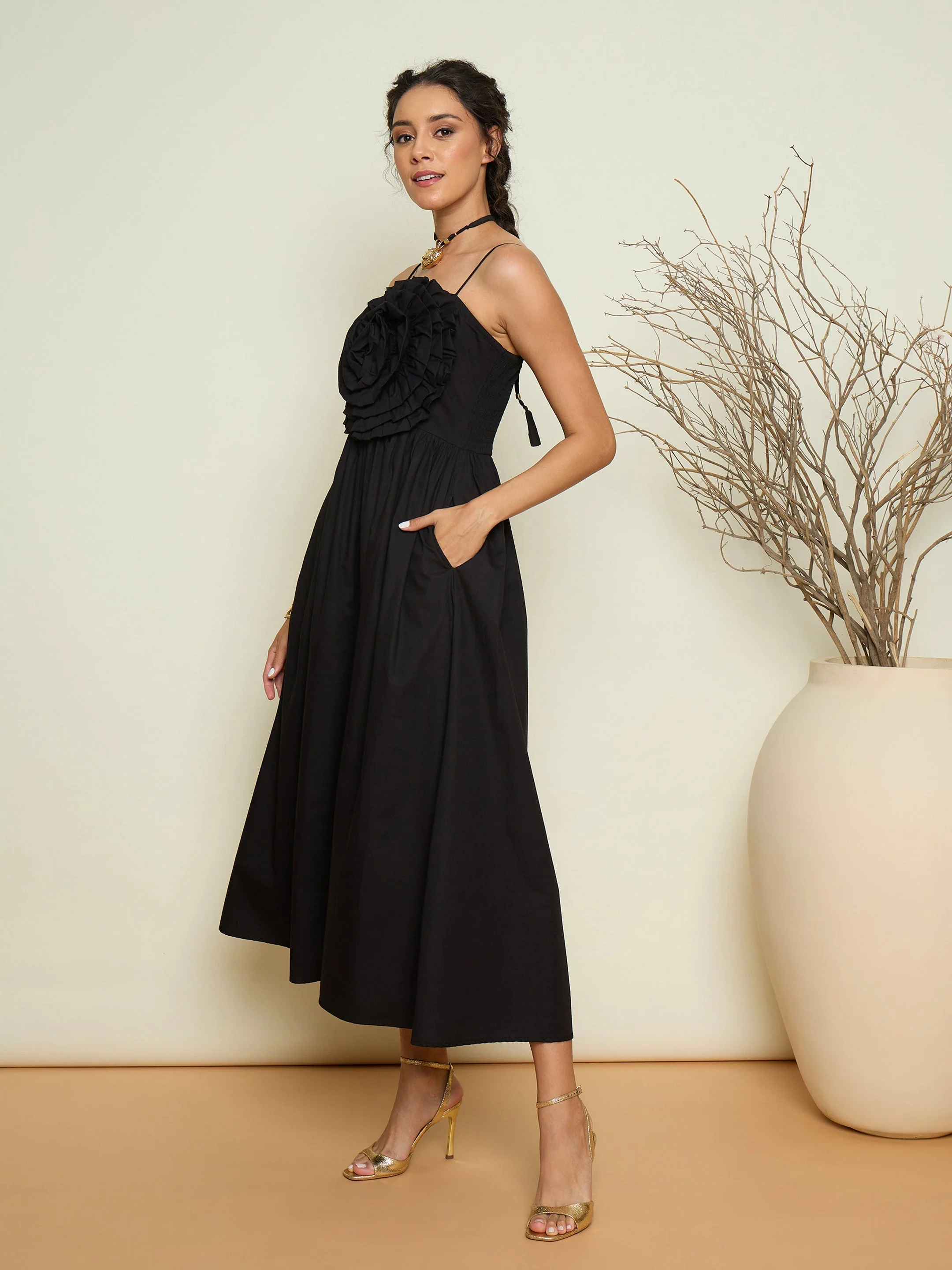 Women Black Poplin Front Corsage Strappy Maxi Dress - Image 5