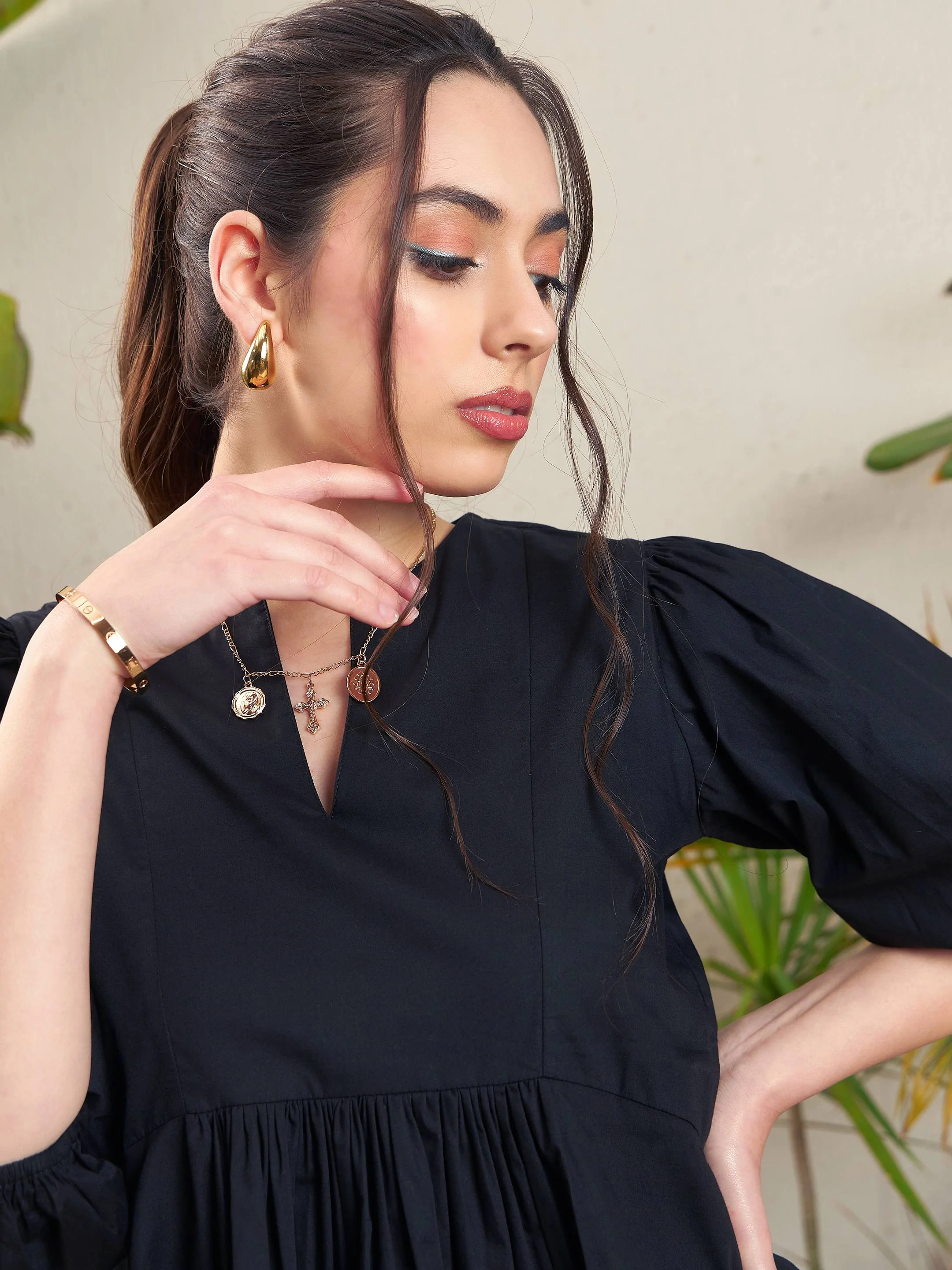 Women Black Poplin Puff Sleeves Gathered Dress - Image 3