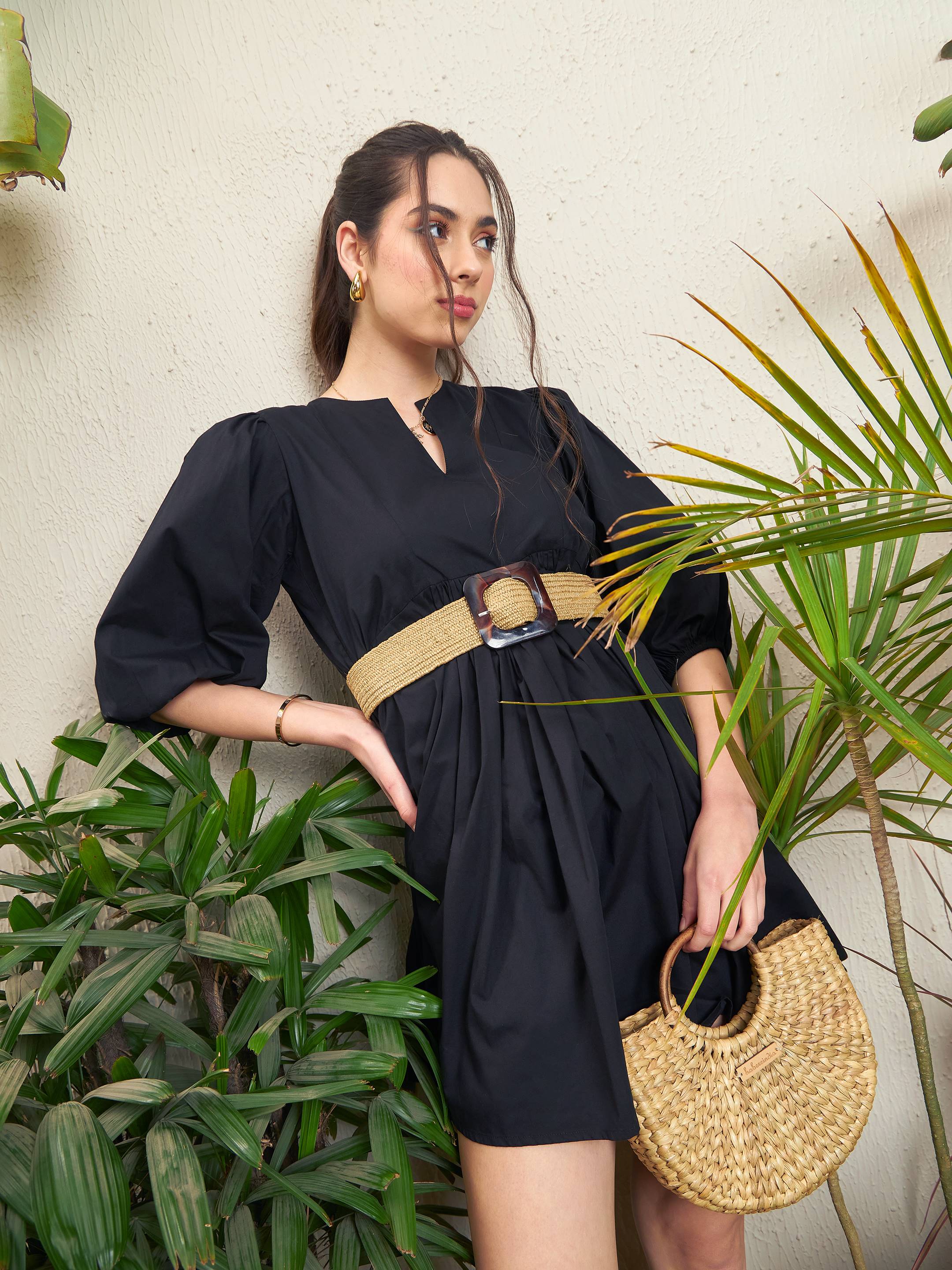 Women Black Poplin Puff Sleeves Gathered Dress - Image 4