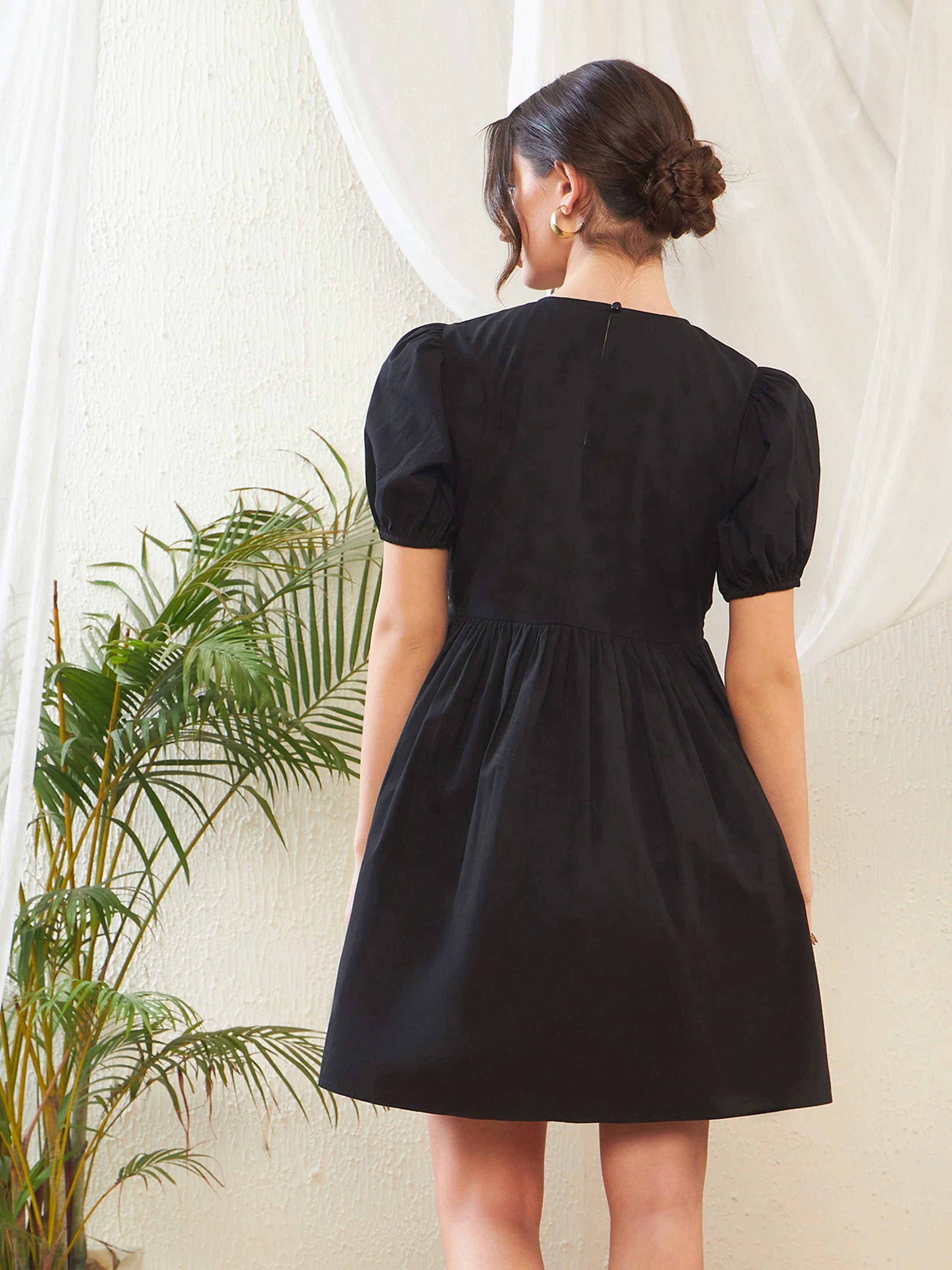 Women Black Poplin Smocked Gathered Dress - Image 2