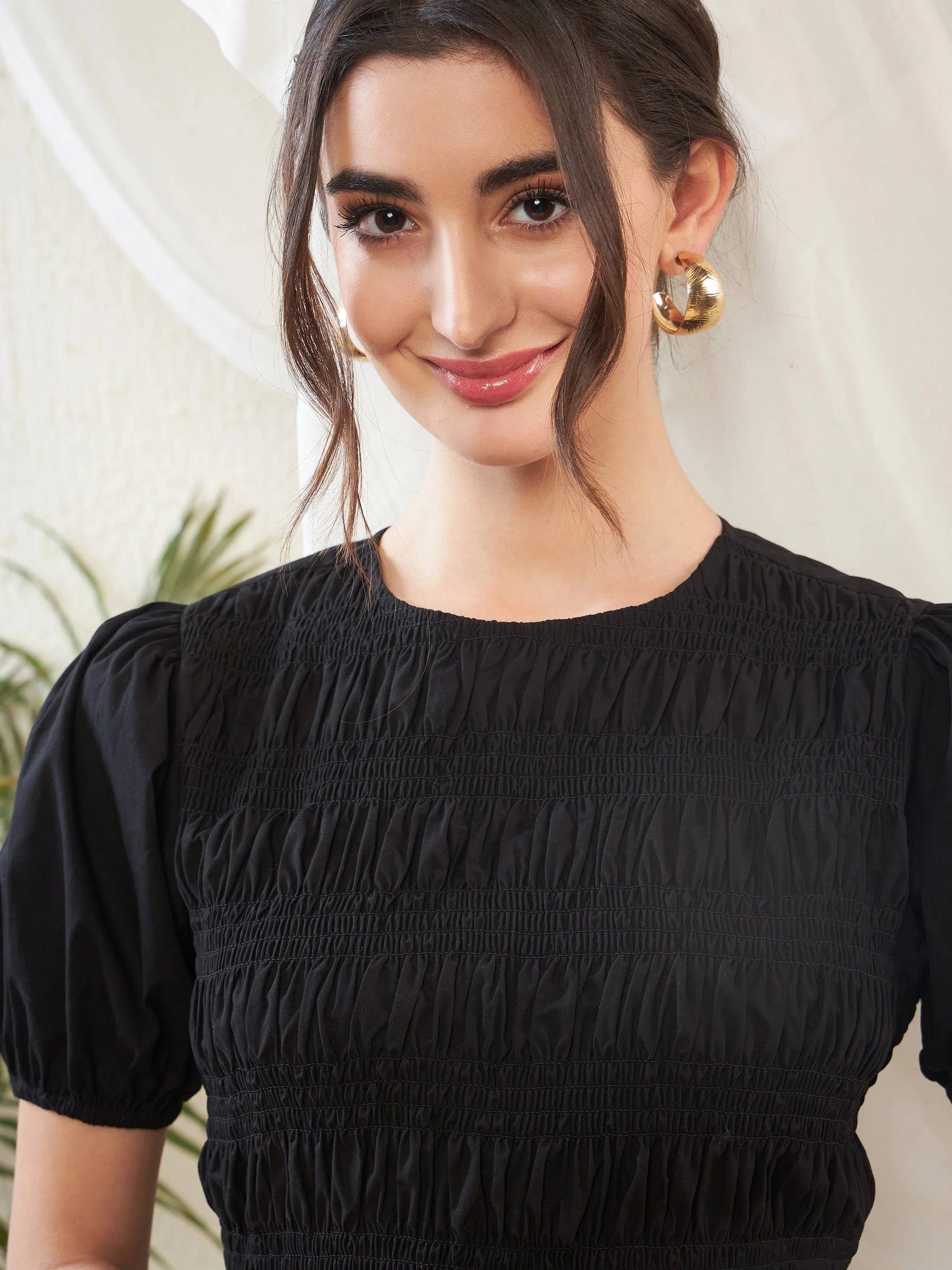 Women Black Poplin Smocked Gathered Dress - Image 3