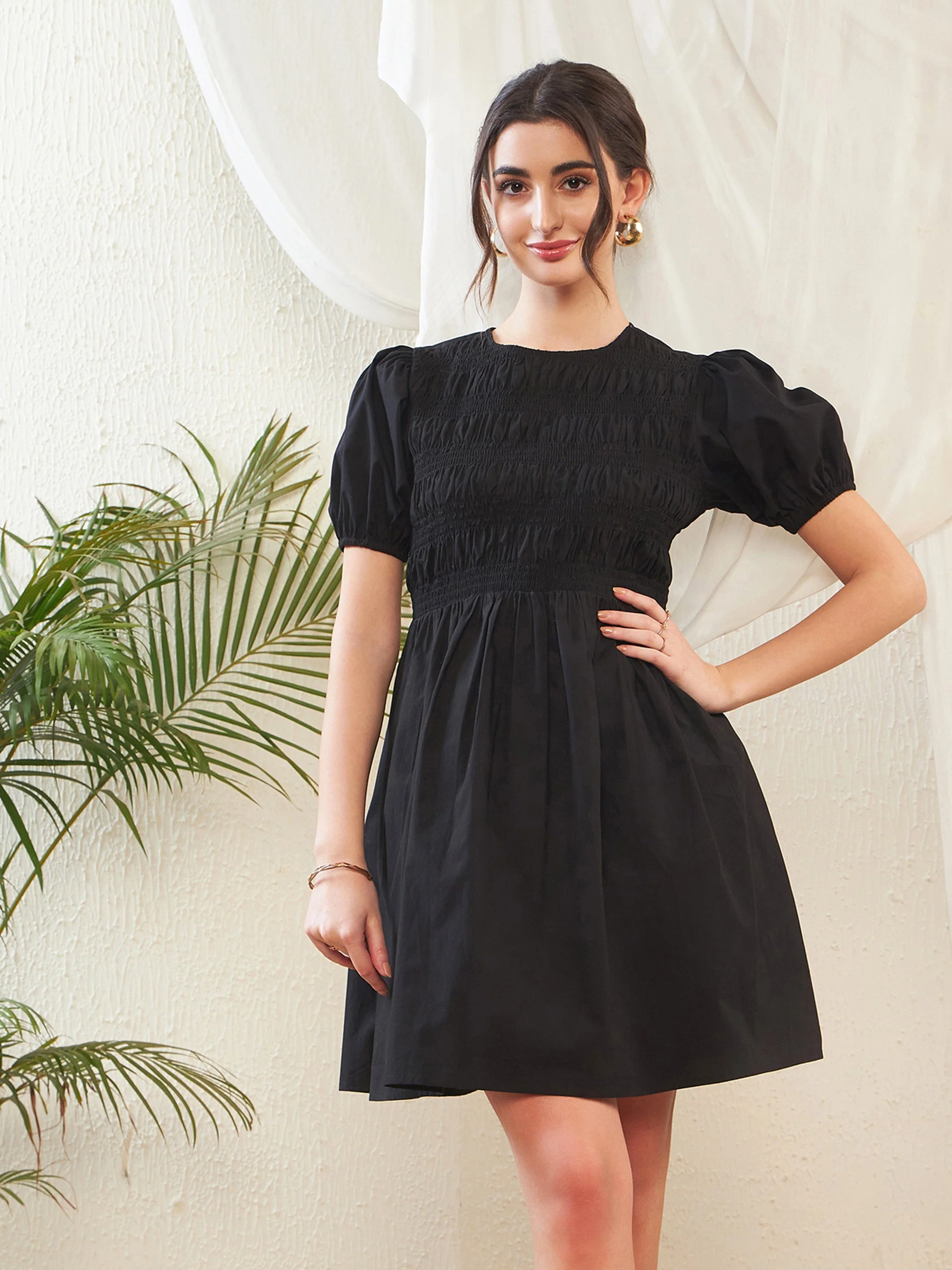 Women Black Poplin Smocked Gathered Dress - Image 5