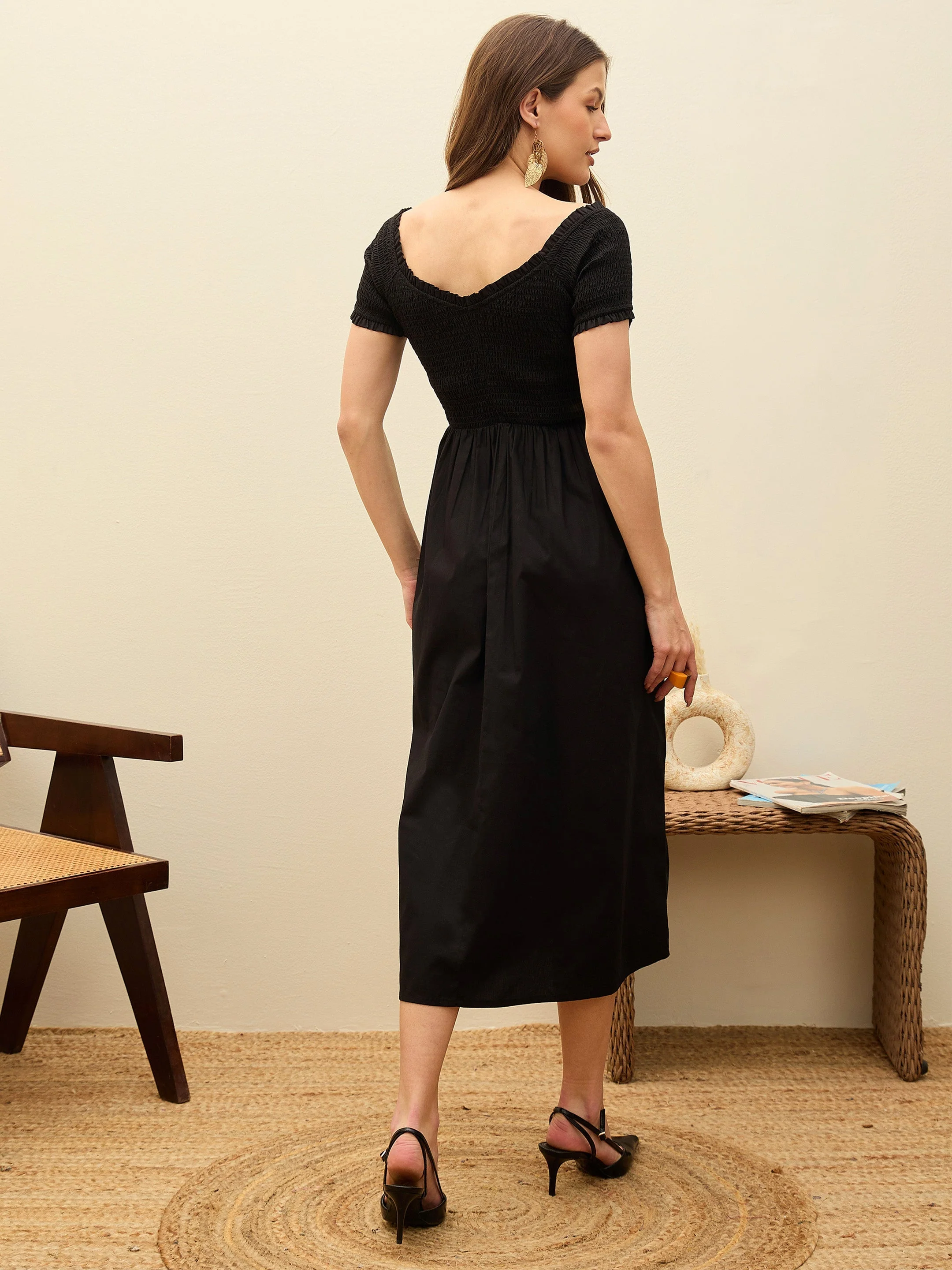 Women Black Poplin Smocked Midi Dress - Image 2