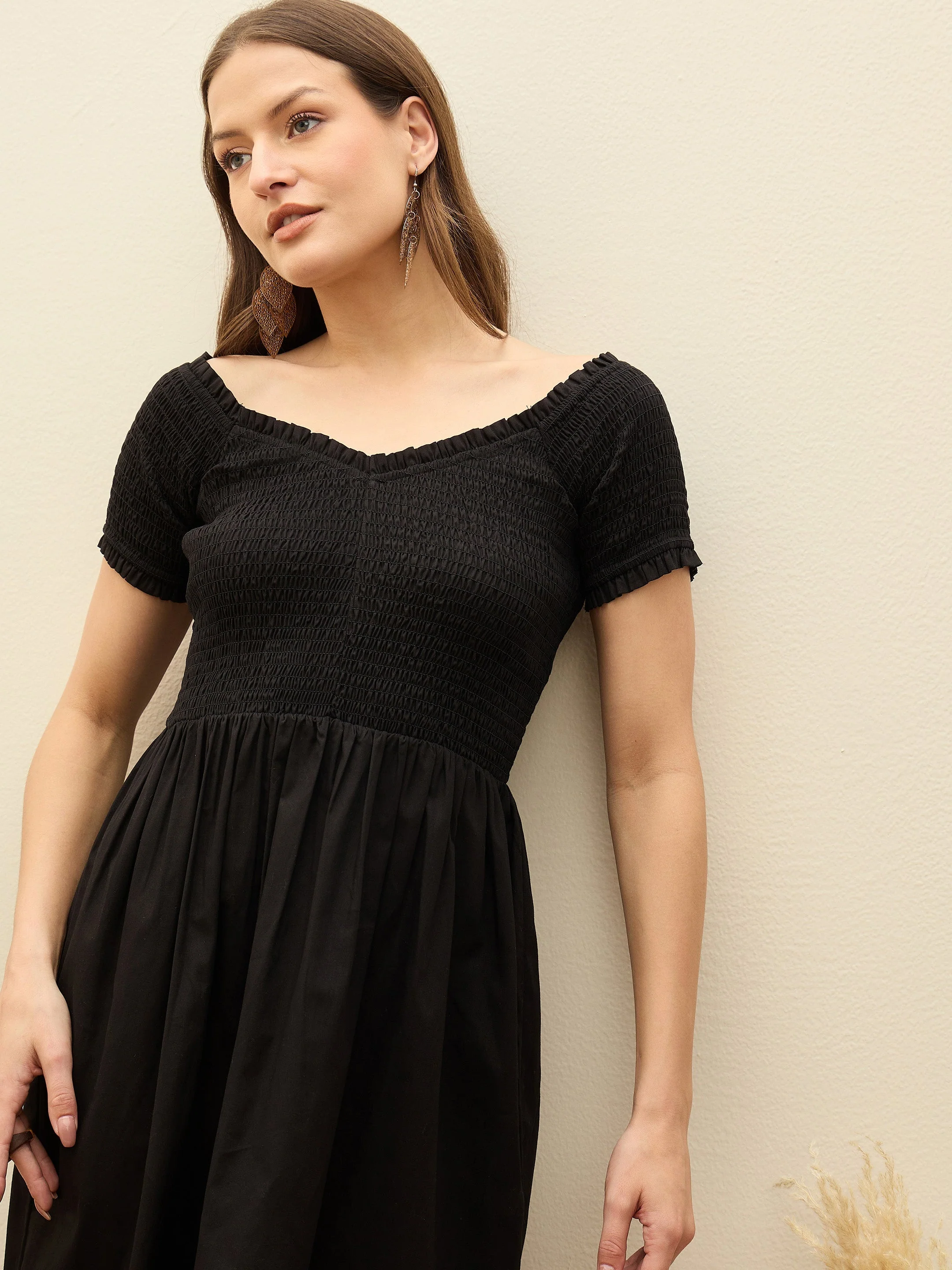 Women Black Poplin Smocked Midi Dress - Image 3