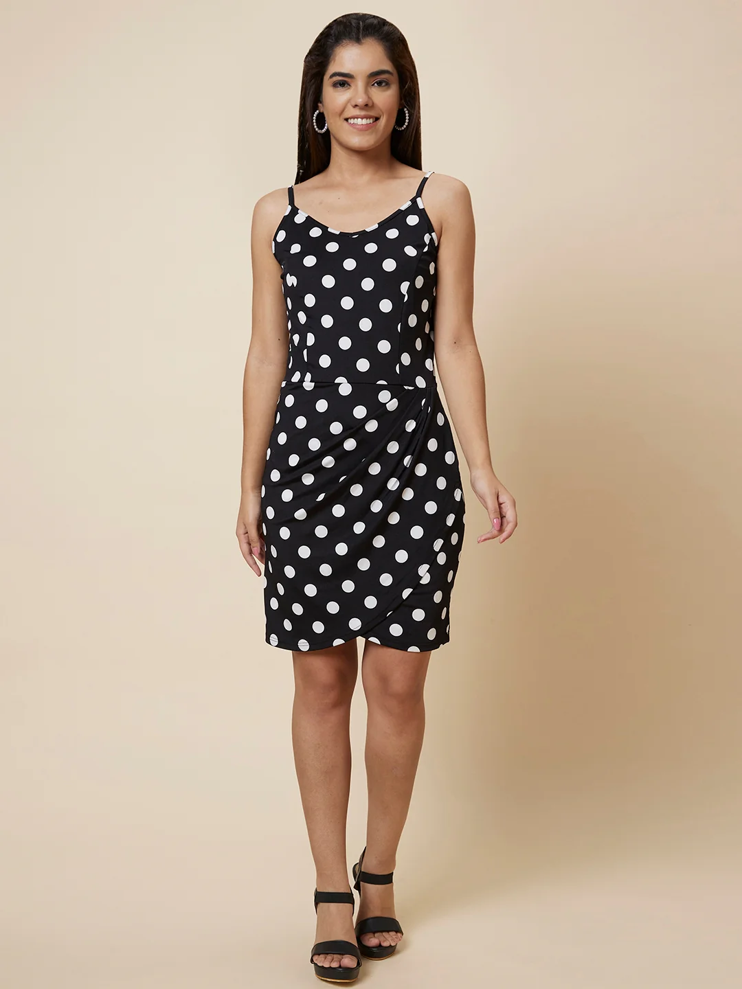 Women Black Polka Dot Bodycon Dress - Image 2