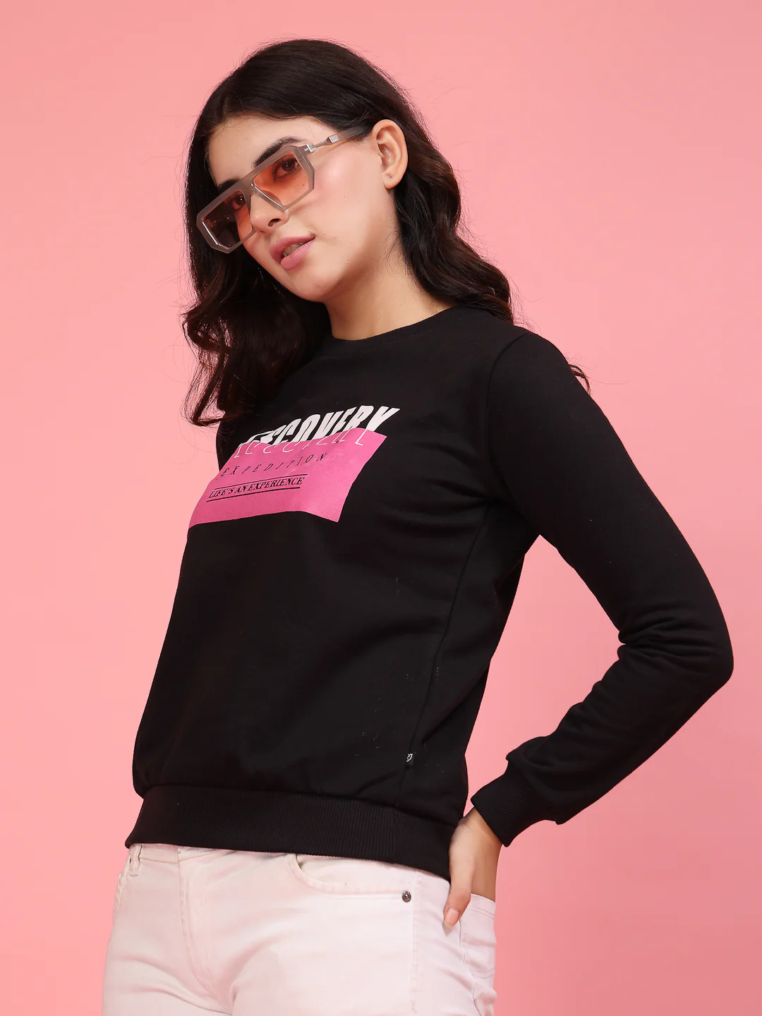 Women Black Printed Fleece Sweatshirt - Image 3