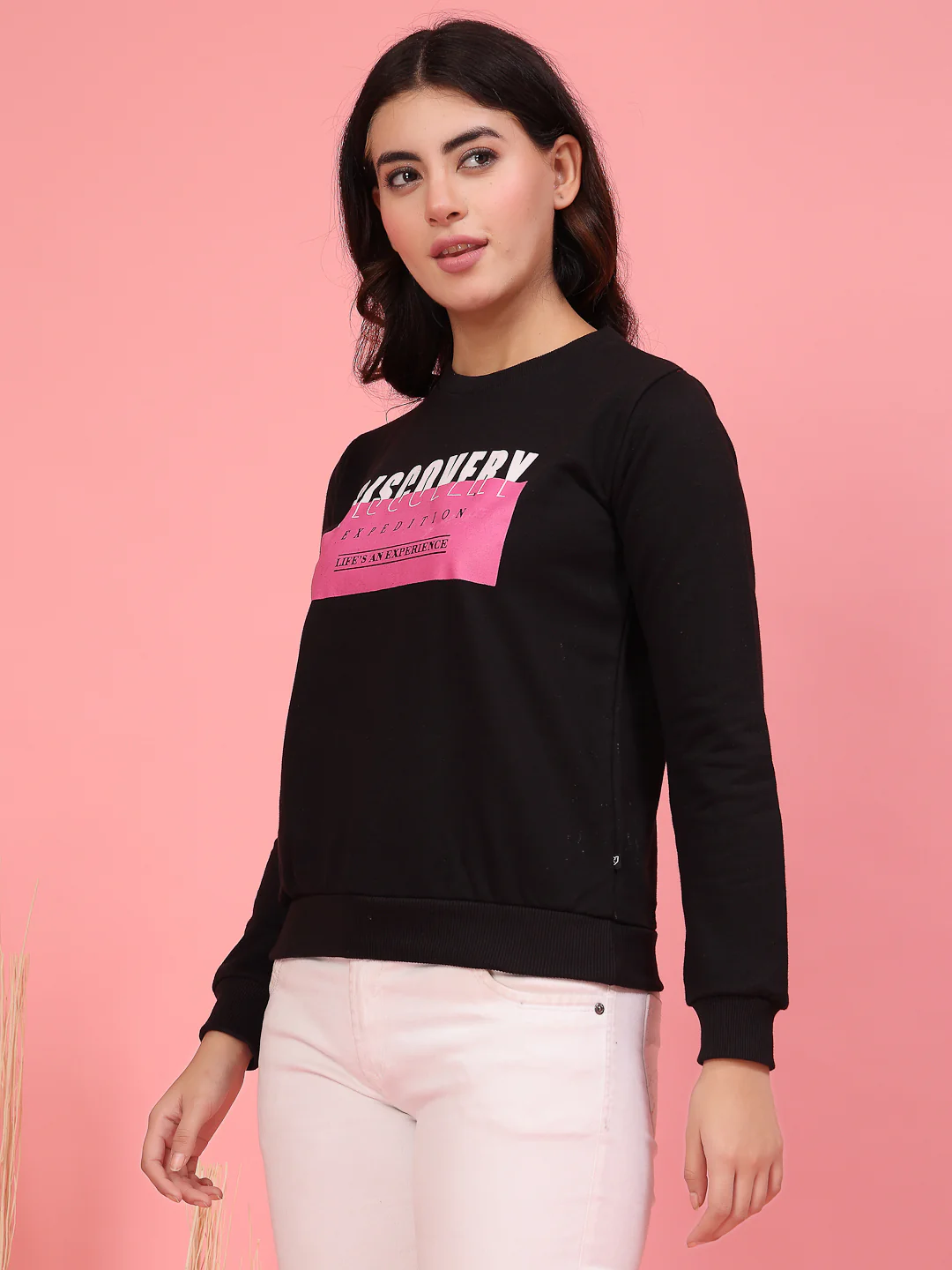 Women Black Printed Fleece Sweatshirt - Image 5