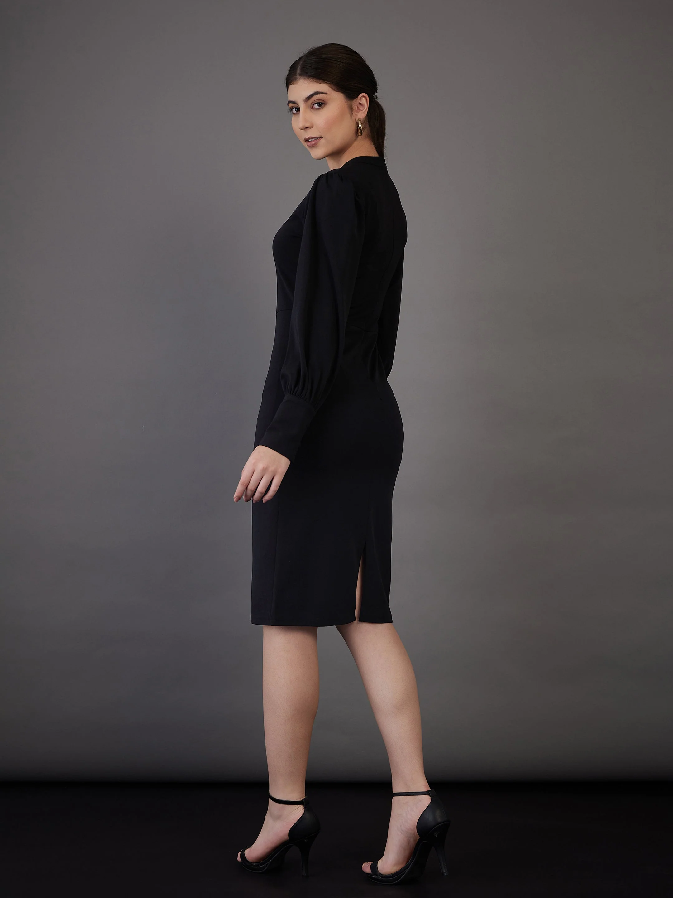 Women Black Puff Sleeves Bodycon Midi Dress - Image 2