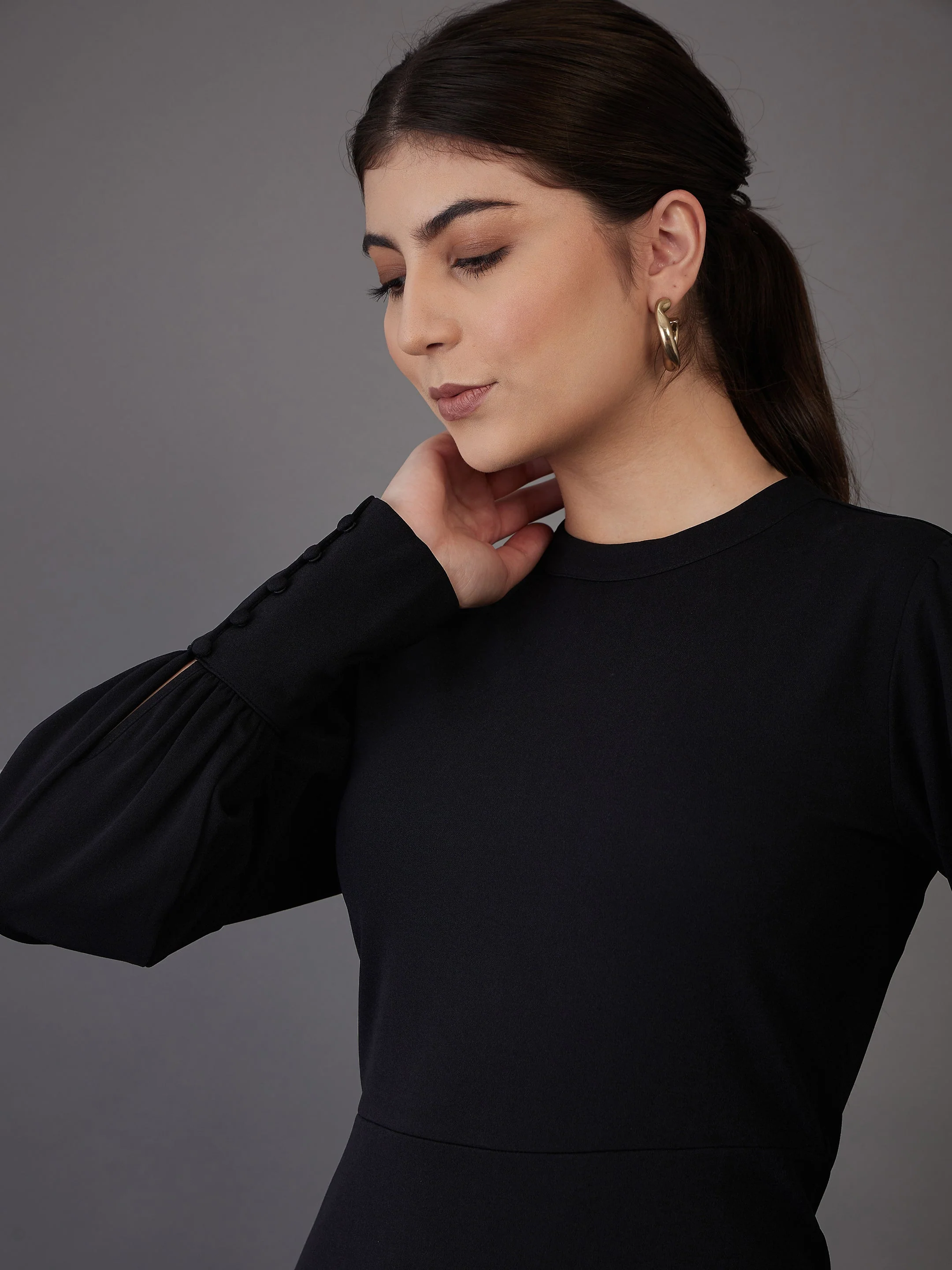 Women Black Puff Sleeves Bodycon Midi Dress - Image 3