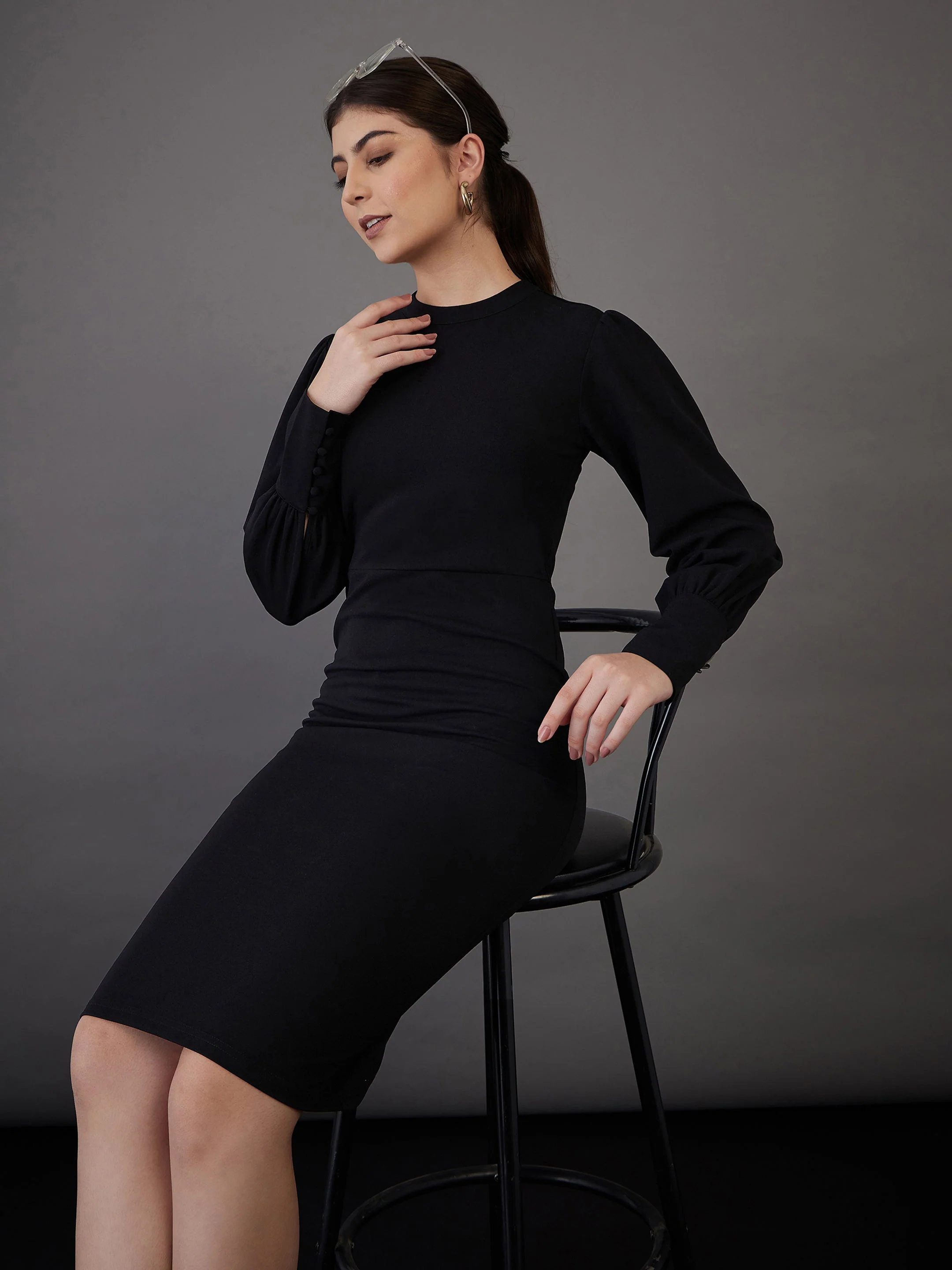 Women Black Puff Sleeves Bodycon Midi Dress - Image 4