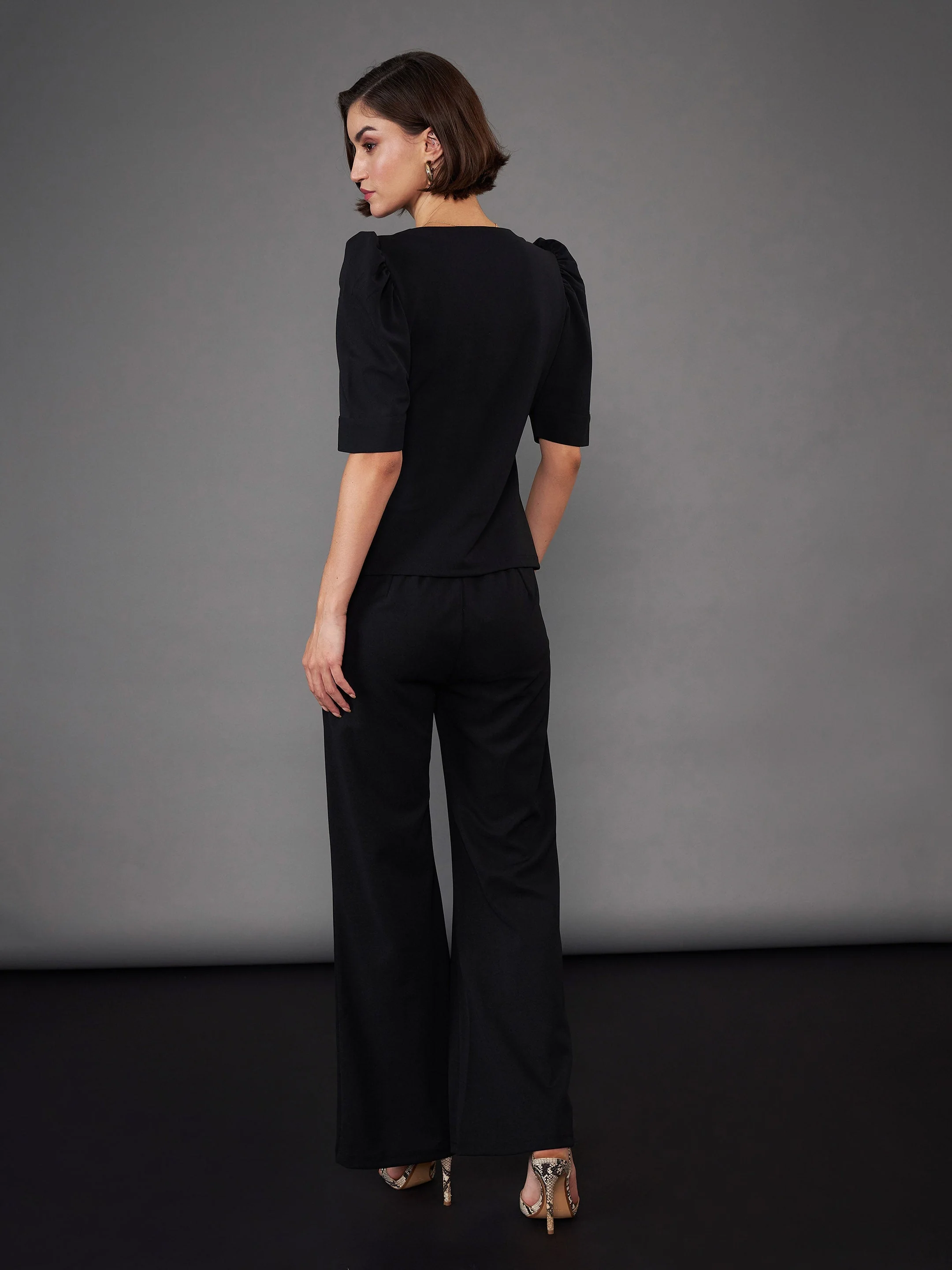 Women Black Puff Sleeves Top With Bell Bottom Pants - Image 2