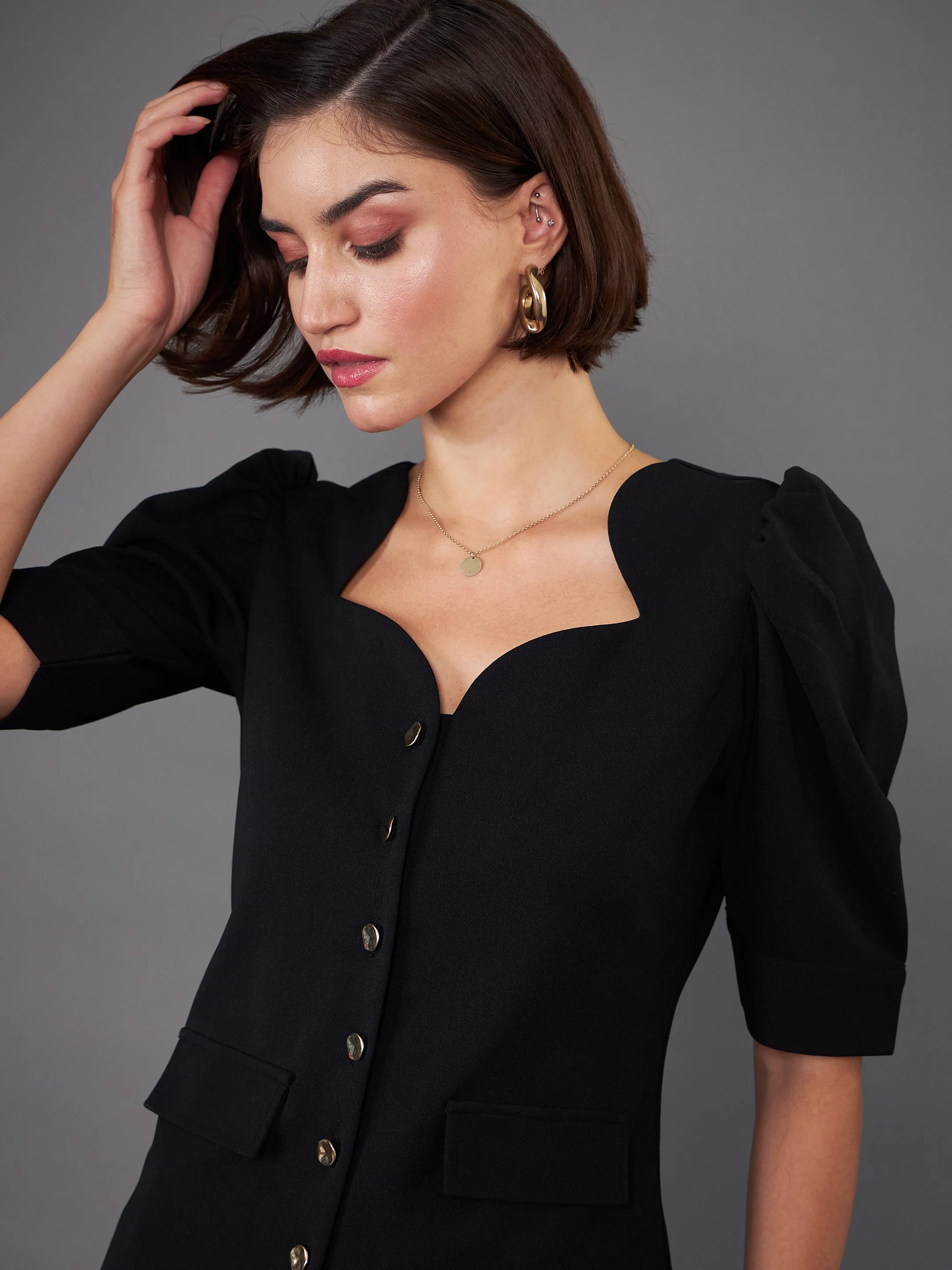 Women Black Puff Sleeves Top With Bell Bottom Pants - Image 3