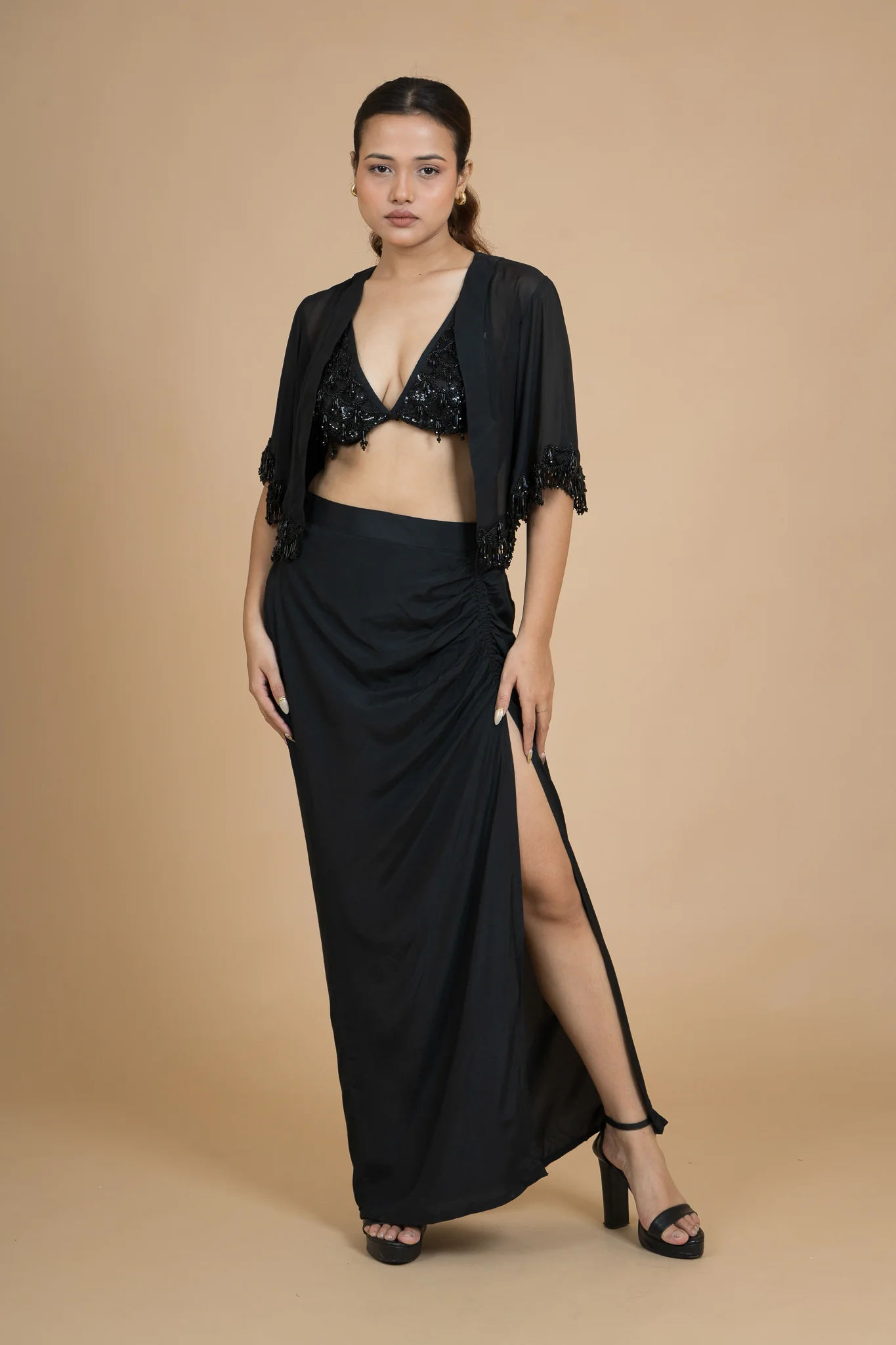 Women Black Rain Draped Cotton Skirt - Image 10