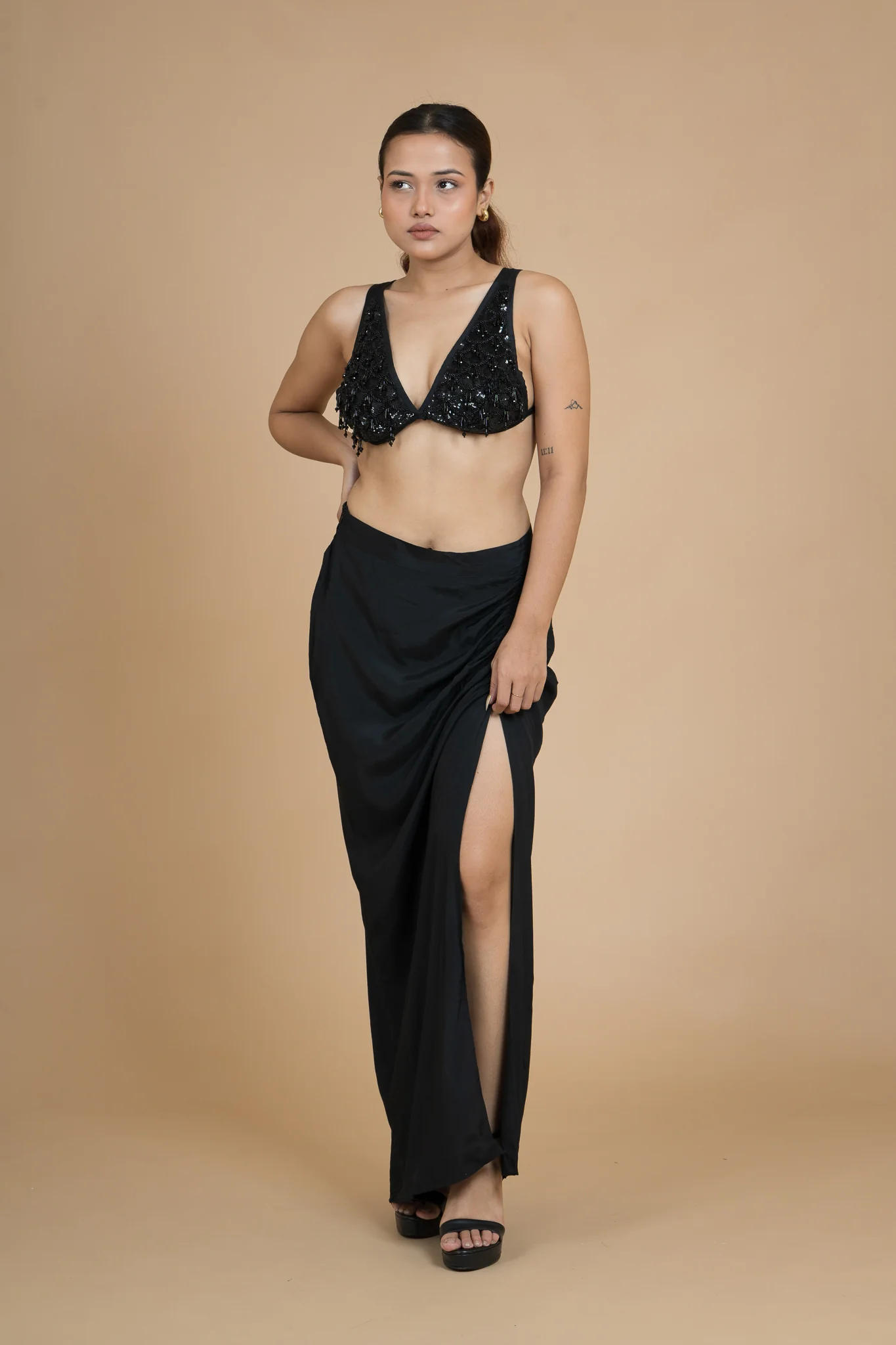 Women Black Rain Draped Cotton Skirt - Image 12
