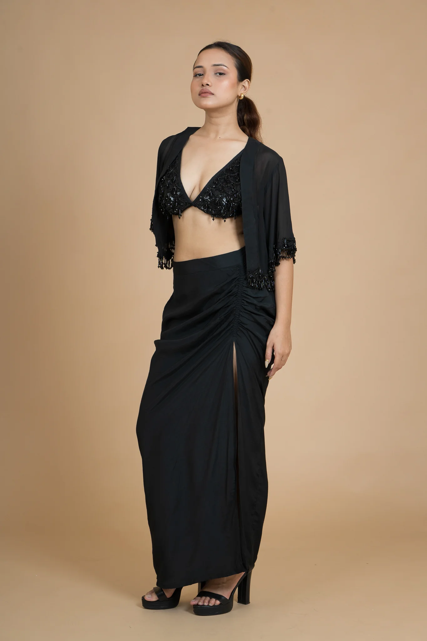 Women Black Rain Draped Cotton Skirt - Image 13
