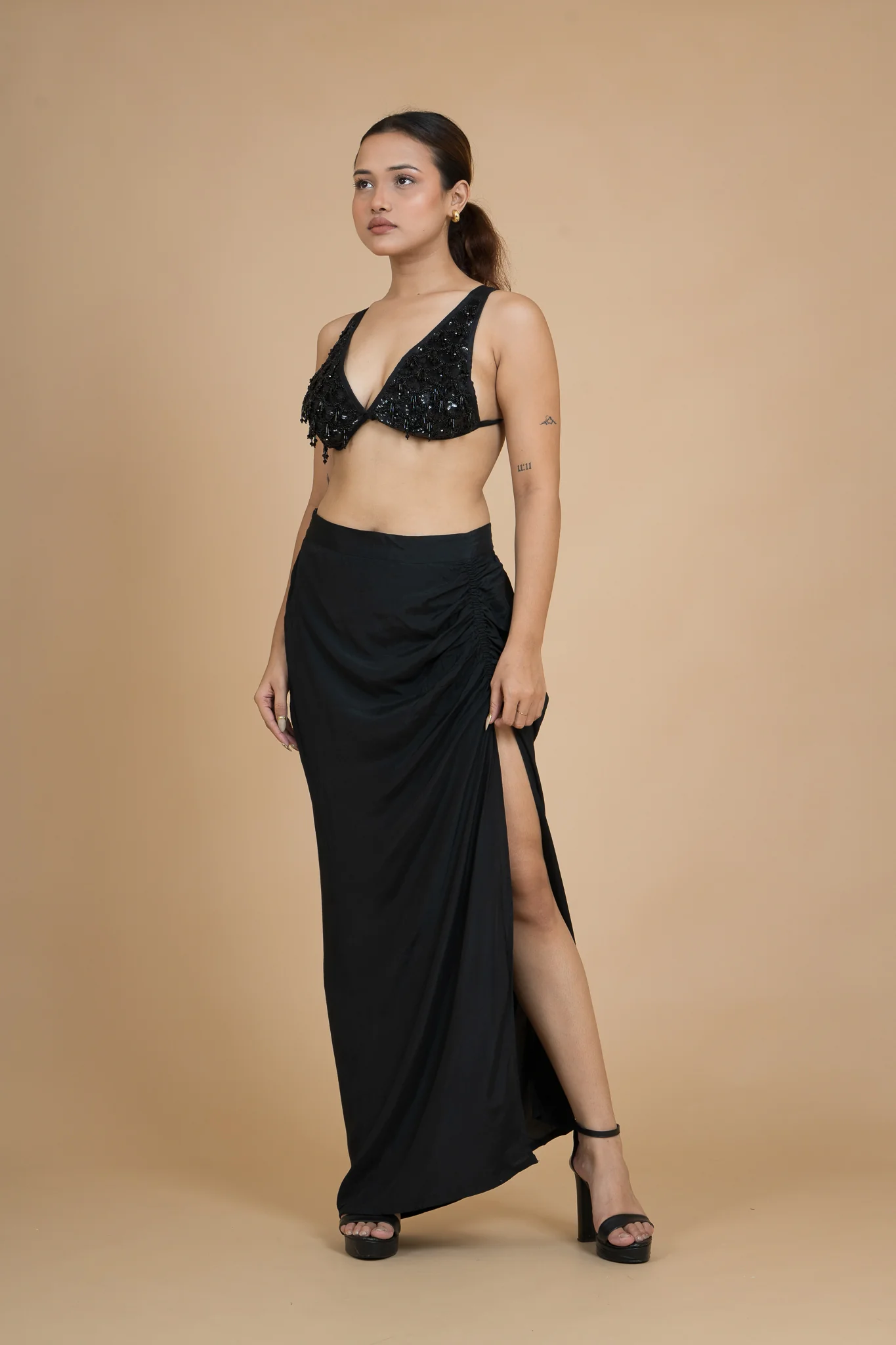 Women Black Rain Draped Cotton Skirt - Image 15