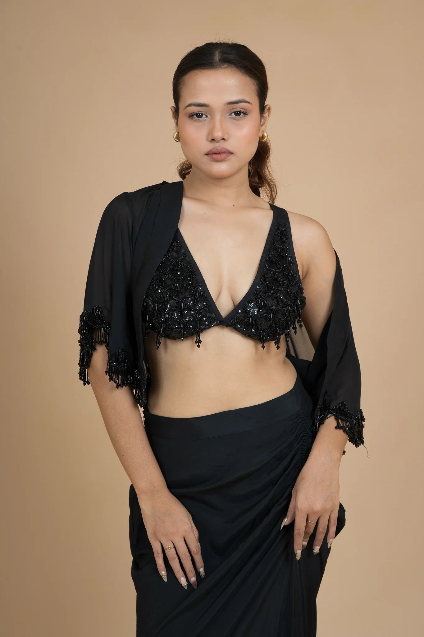 Women Black Rain Draped Cotton Skirt - Image 3