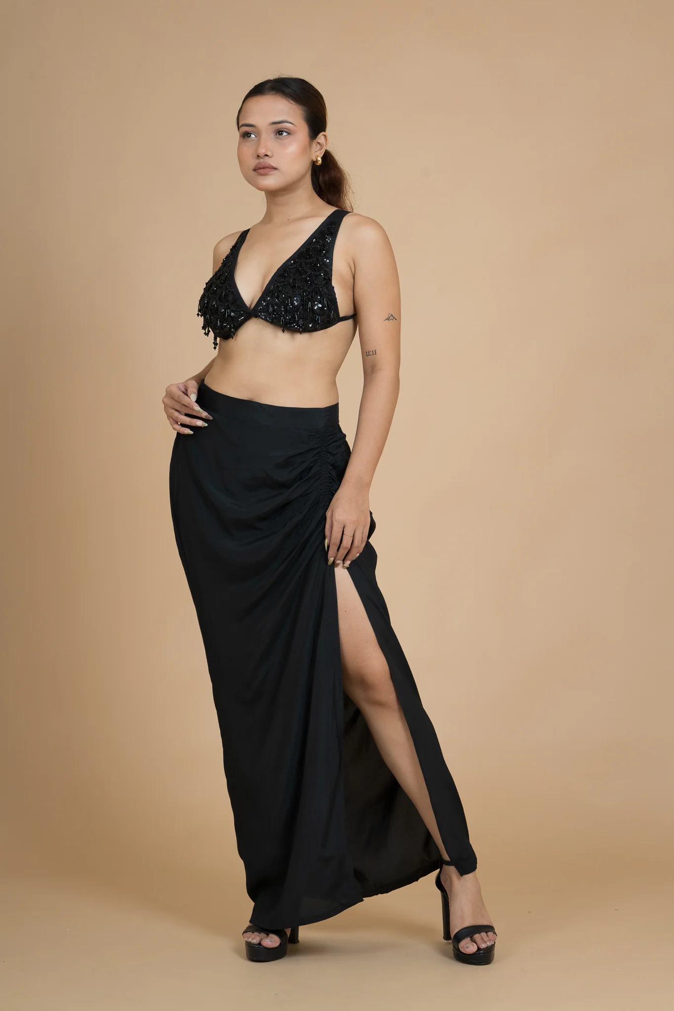 Women Black Rain Draped Cotton Skirt - Image 5