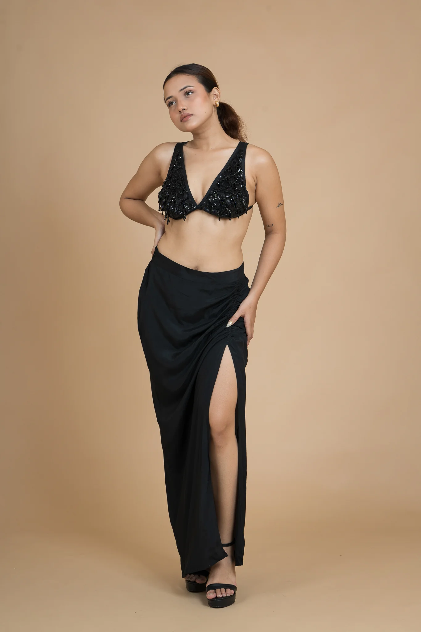 Women Black Rain Draped Cotton Skirt - Image 6