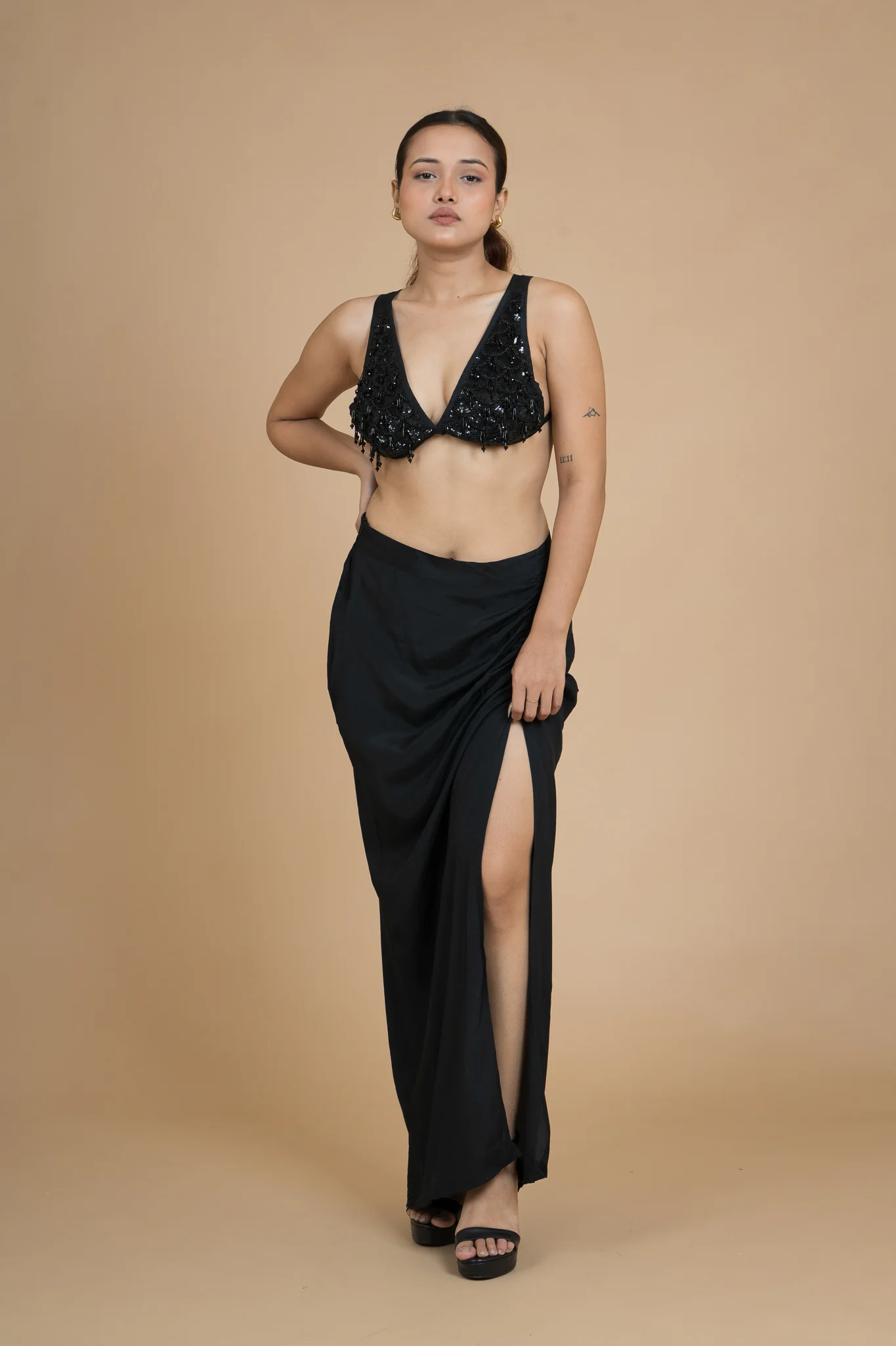 Women Black Rain Draped Cotton Skirt - Image 7