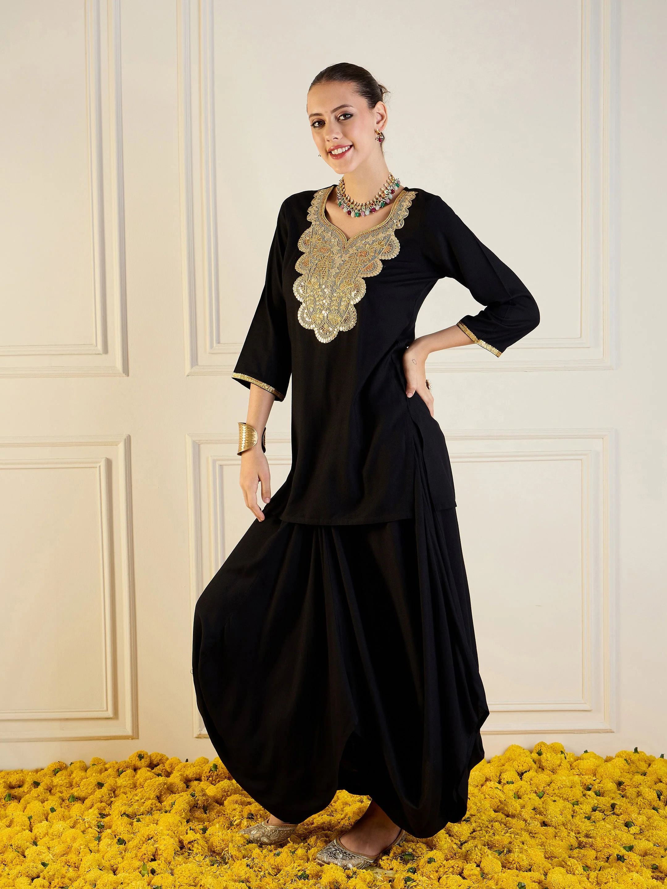 Women Black Rayon Embroidered Short Kurta With Dhoti Skirt - Image 3