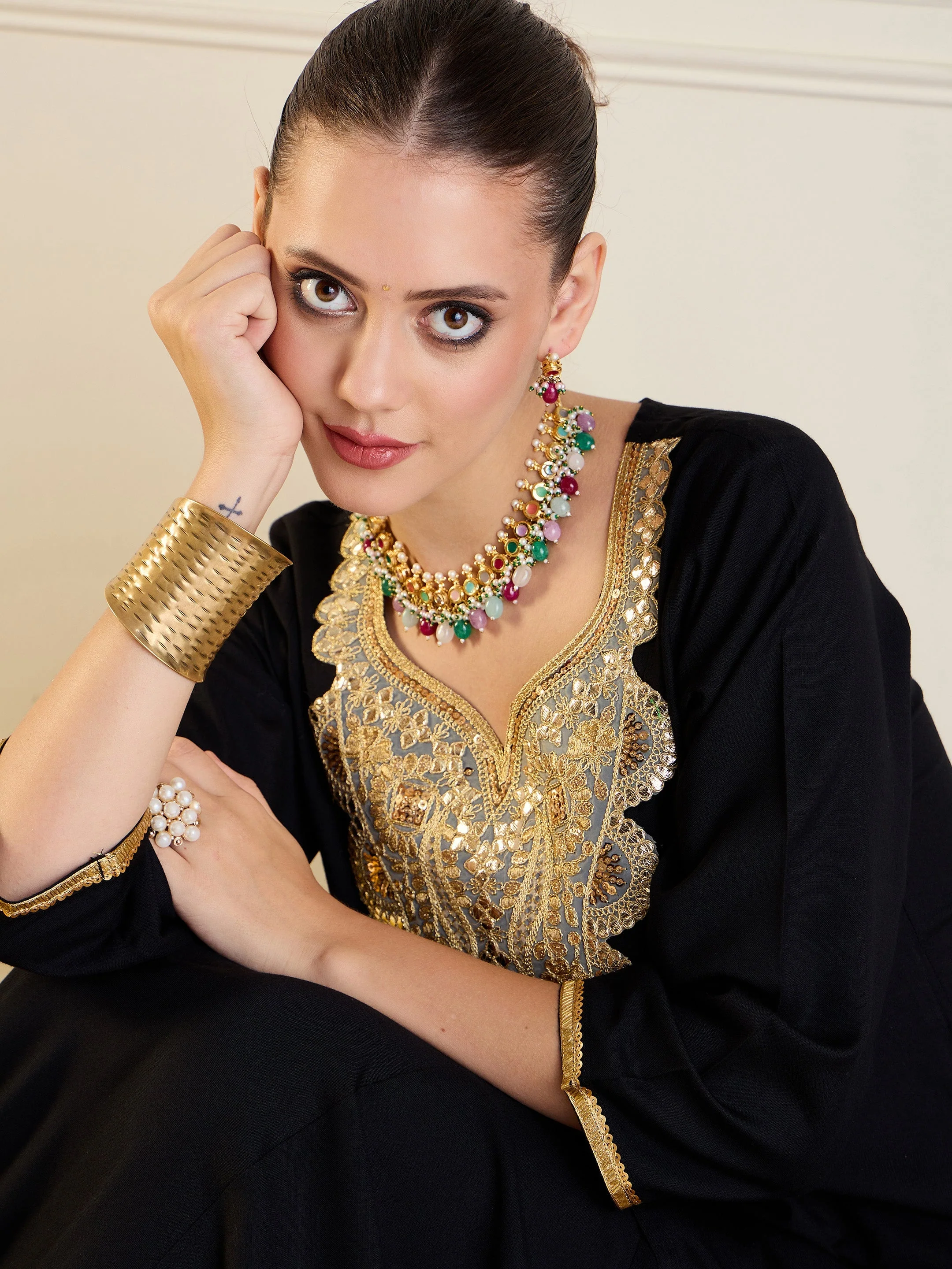 Women Black Rayon Embroidered Short Kurta With Dhoti Skirt - Image 4