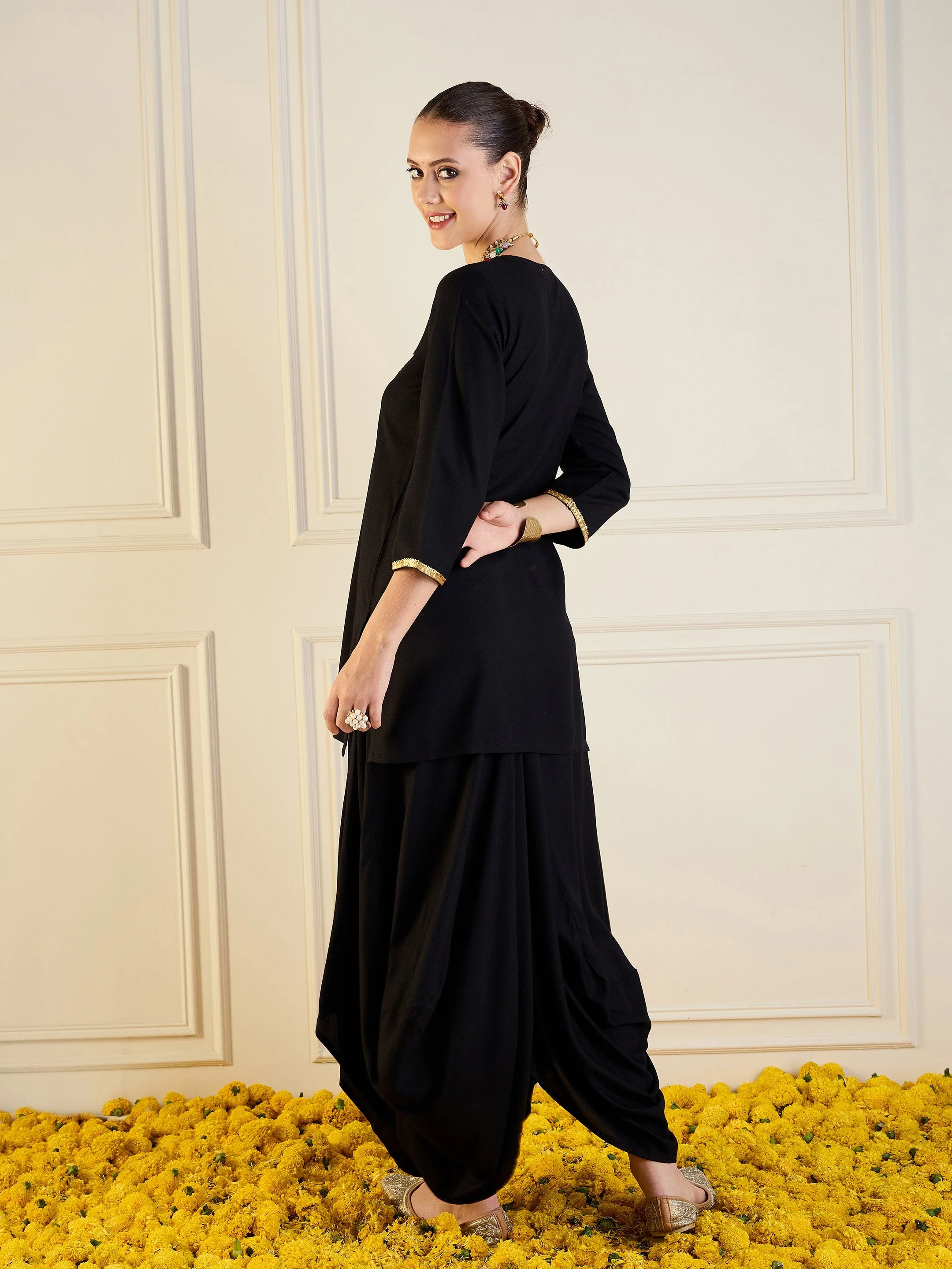 Women Black Rayon Embroidered Short Kurta With Dhoti Skirt - Image 6