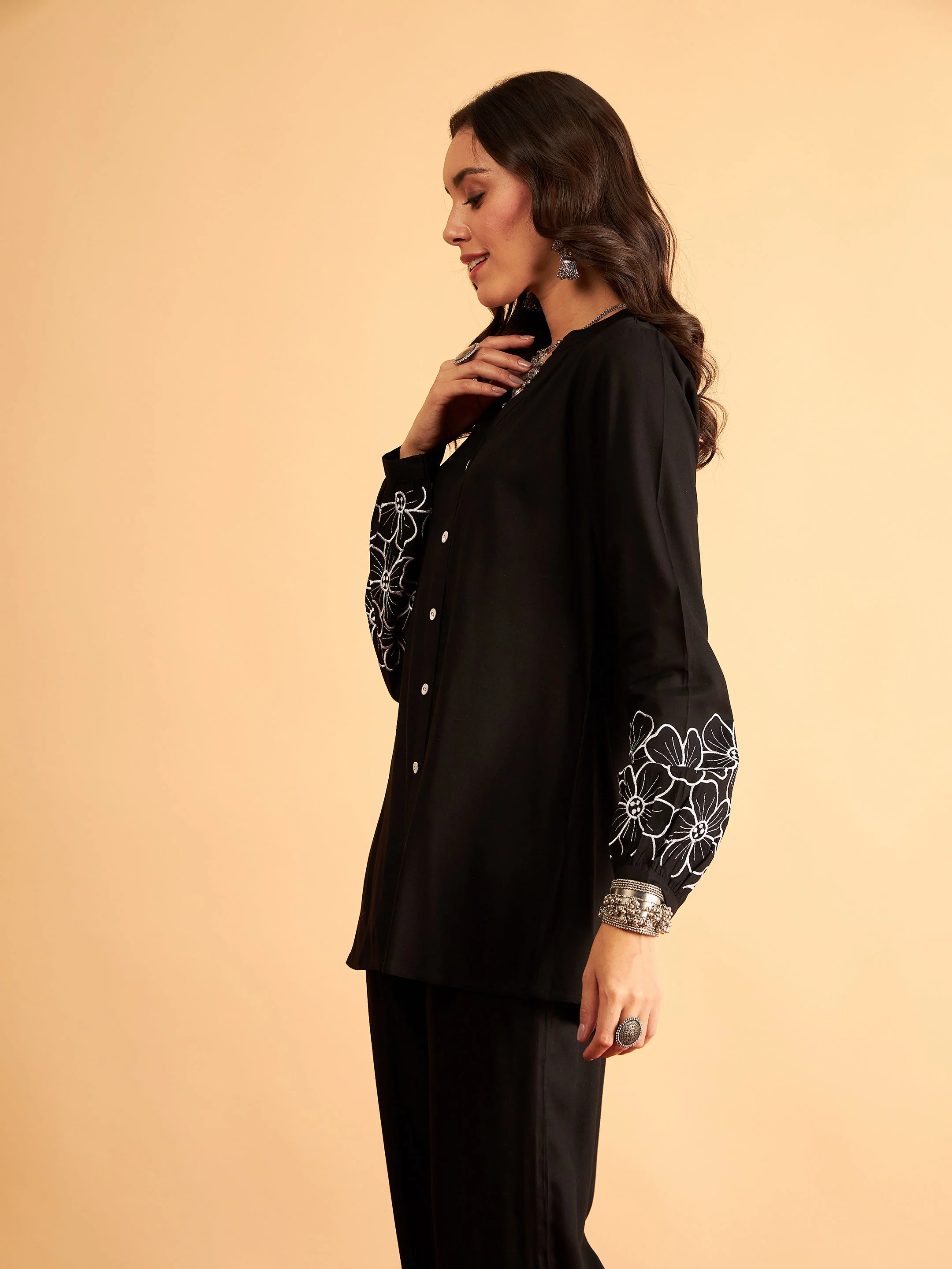 Women Black Rayon Full Sleeves Embroidered Shirt - Image 2