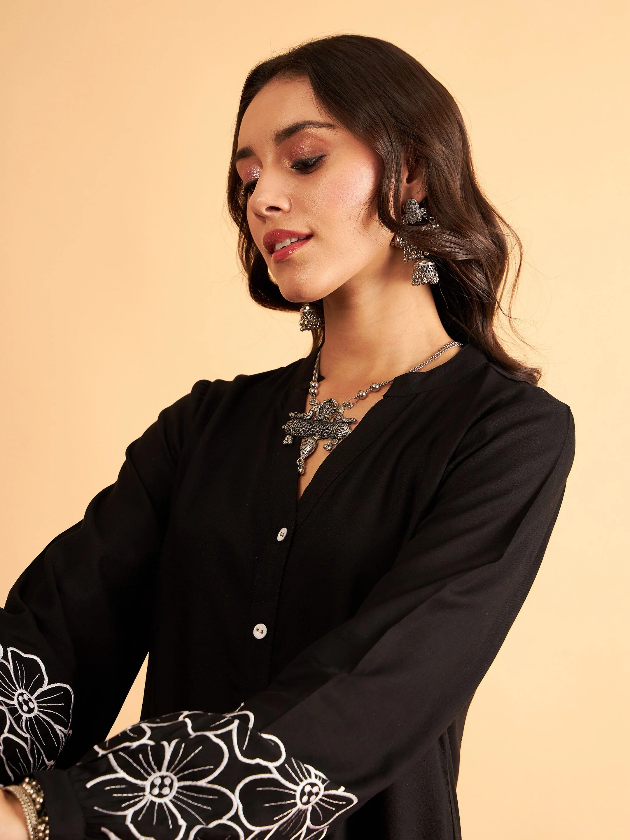 Women Black Rayon Full Sleeves Embroidered Shirt - Image 3