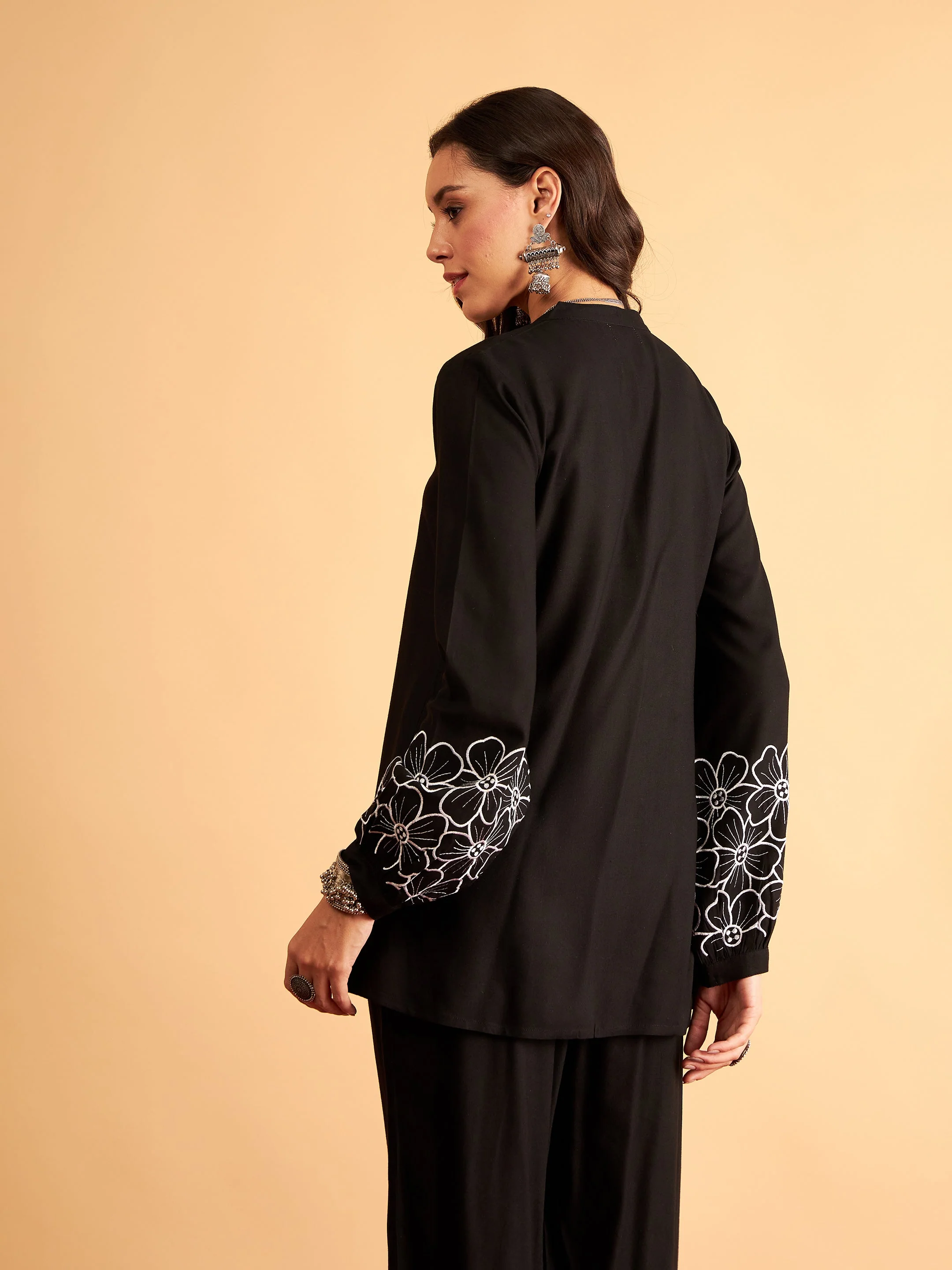 Women Black Rayon Full Sleeves Embroidered Shirt - Image 4