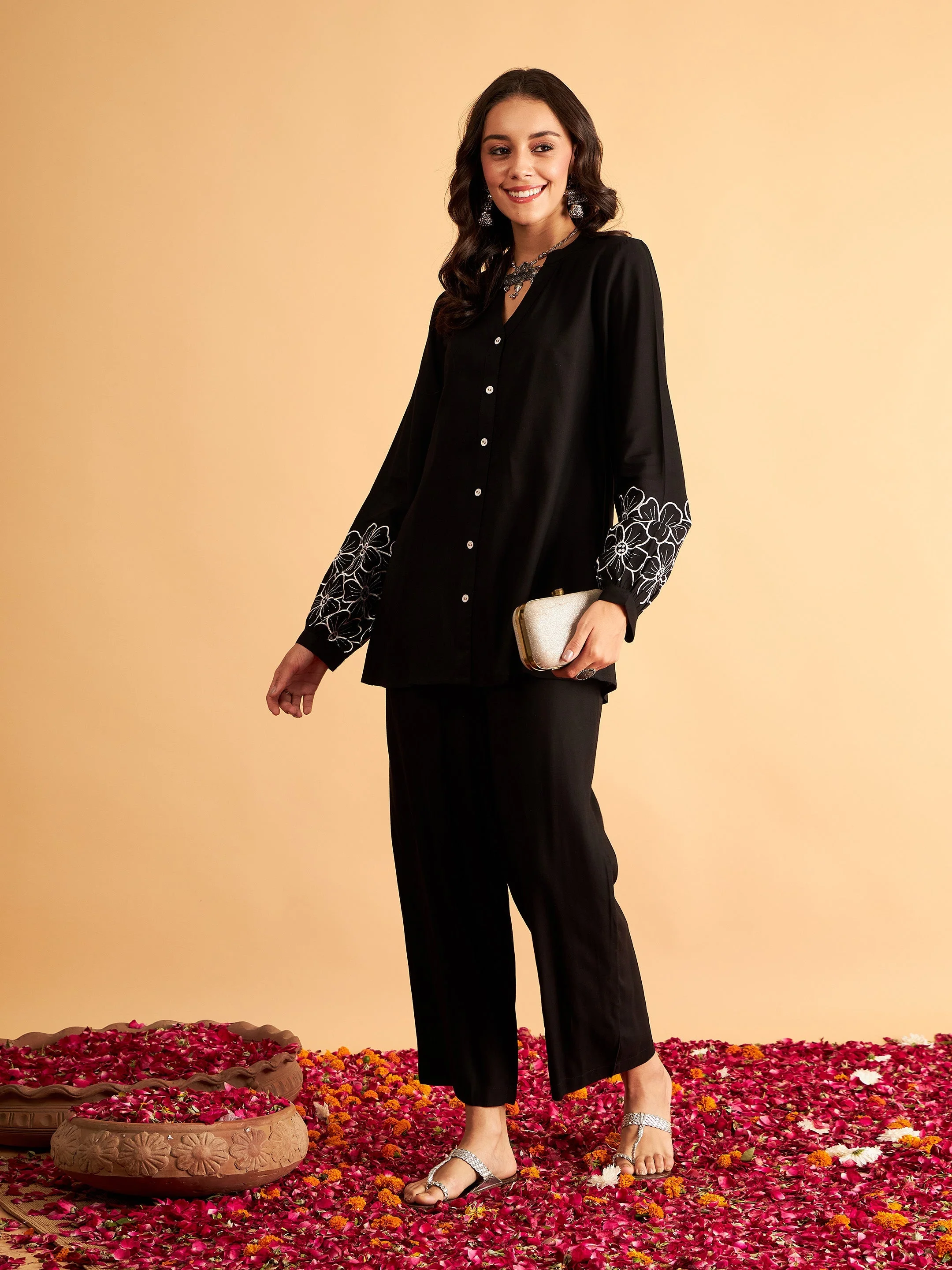 Women Black Rayon Full Sleeves Embroidered Shirt - Image 5