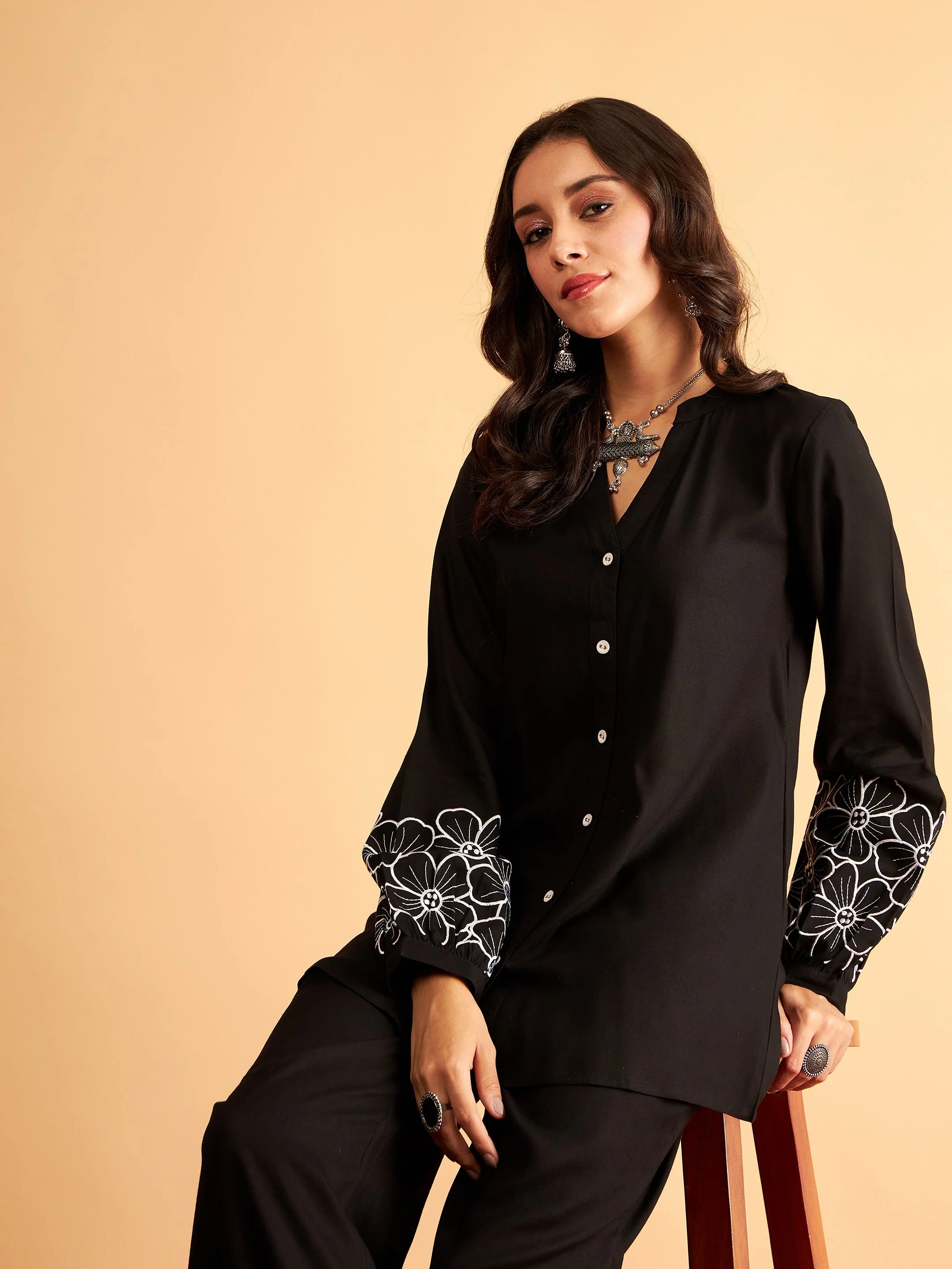 Women Black Rayon Full Sleeves Embroidered Shirt - Image 6