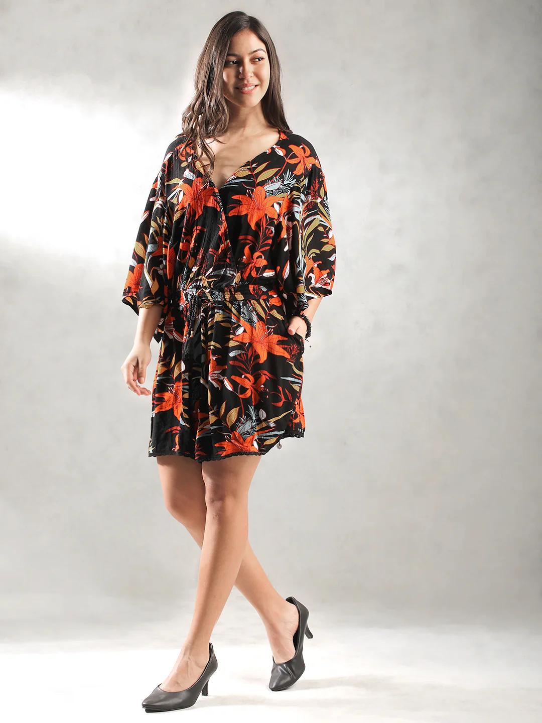 Women Black Tropical Print Romper - Image 2