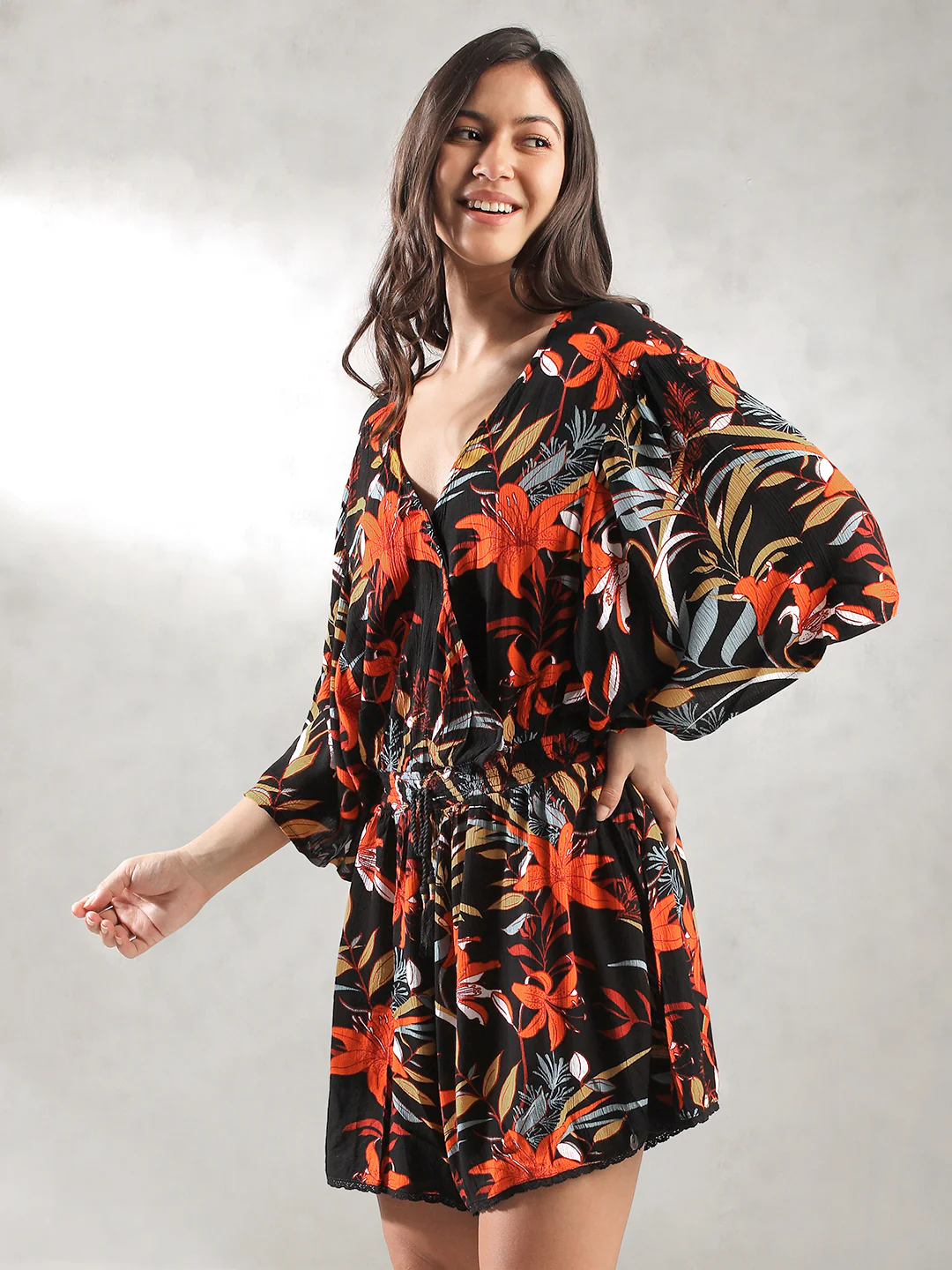 Women Black Tropical Print Romper - Image 3