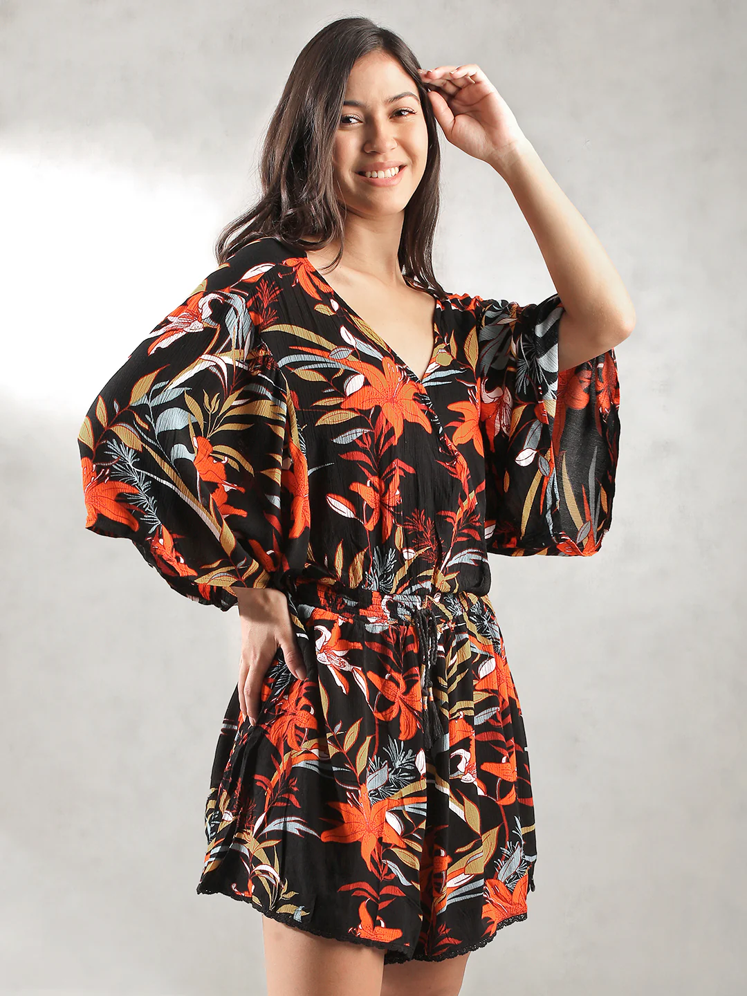 Women Black Tropical Print Romper - Image 5