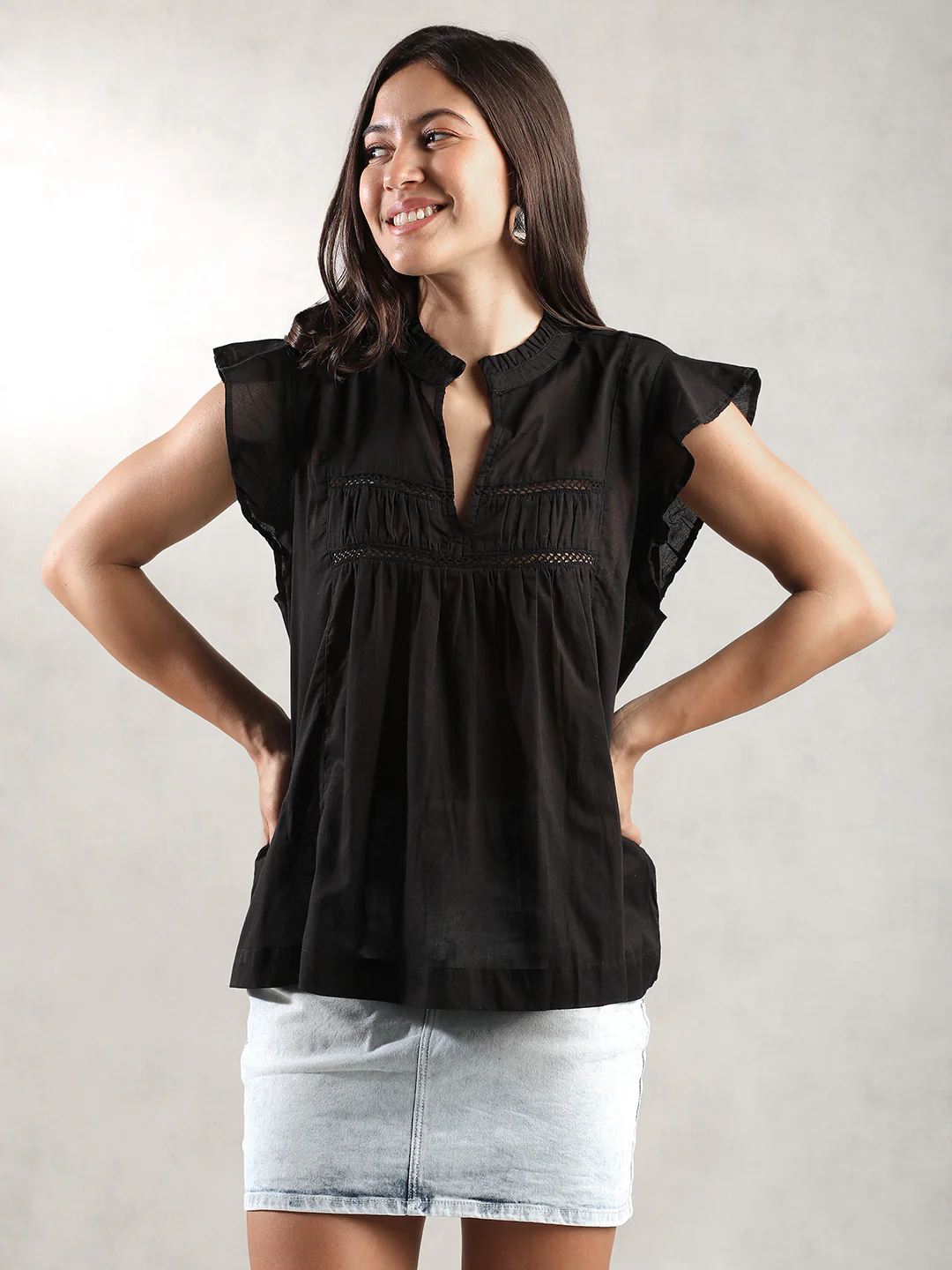 Women Black Mandarin Collar Top - Image 2