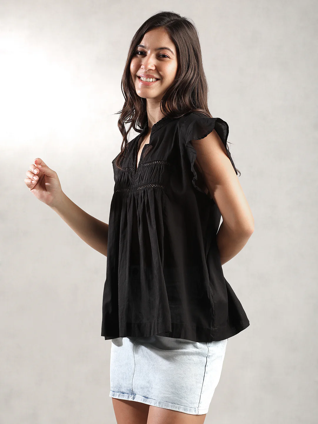 Women Black Mandarin Collar Top - Image 3