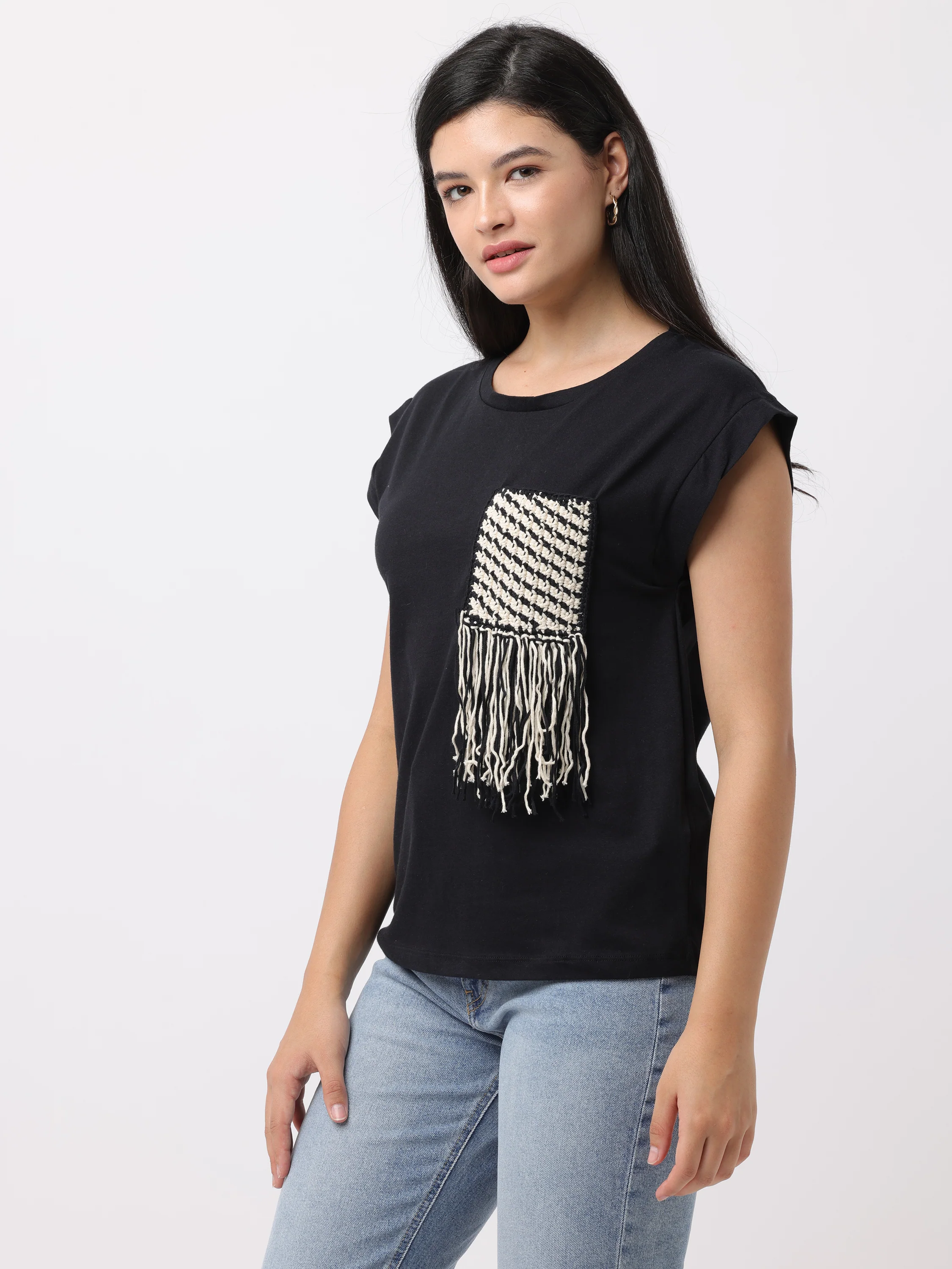 Women Black Regular Fit Crochet Top - Image 4