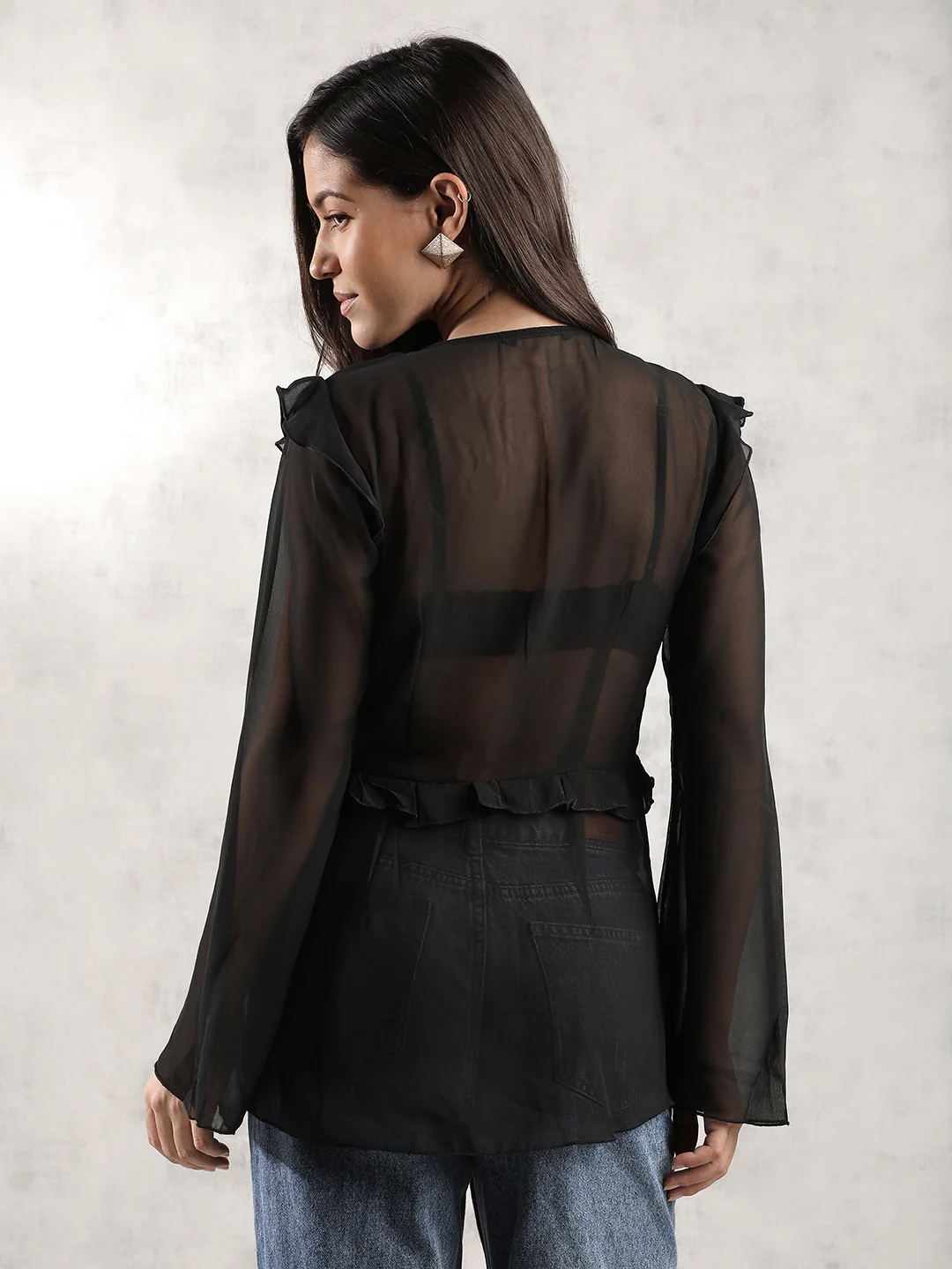 Women Black Sheer Front Tie Up Top - Image 4