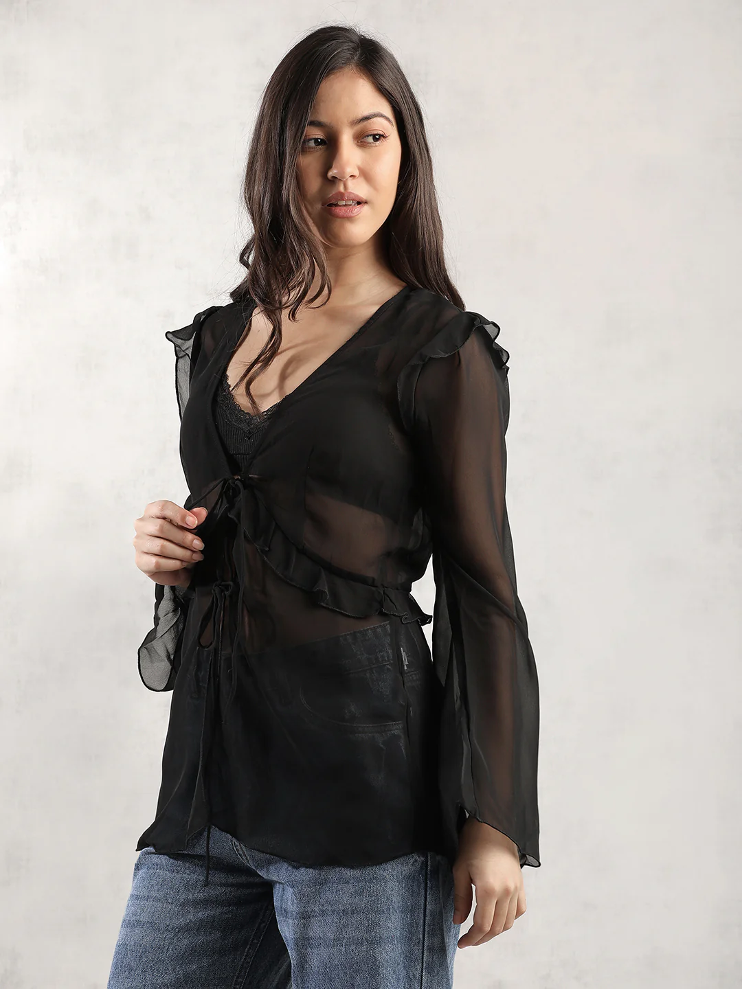 Women Black Sheer Front Tie Up Top - Image 5