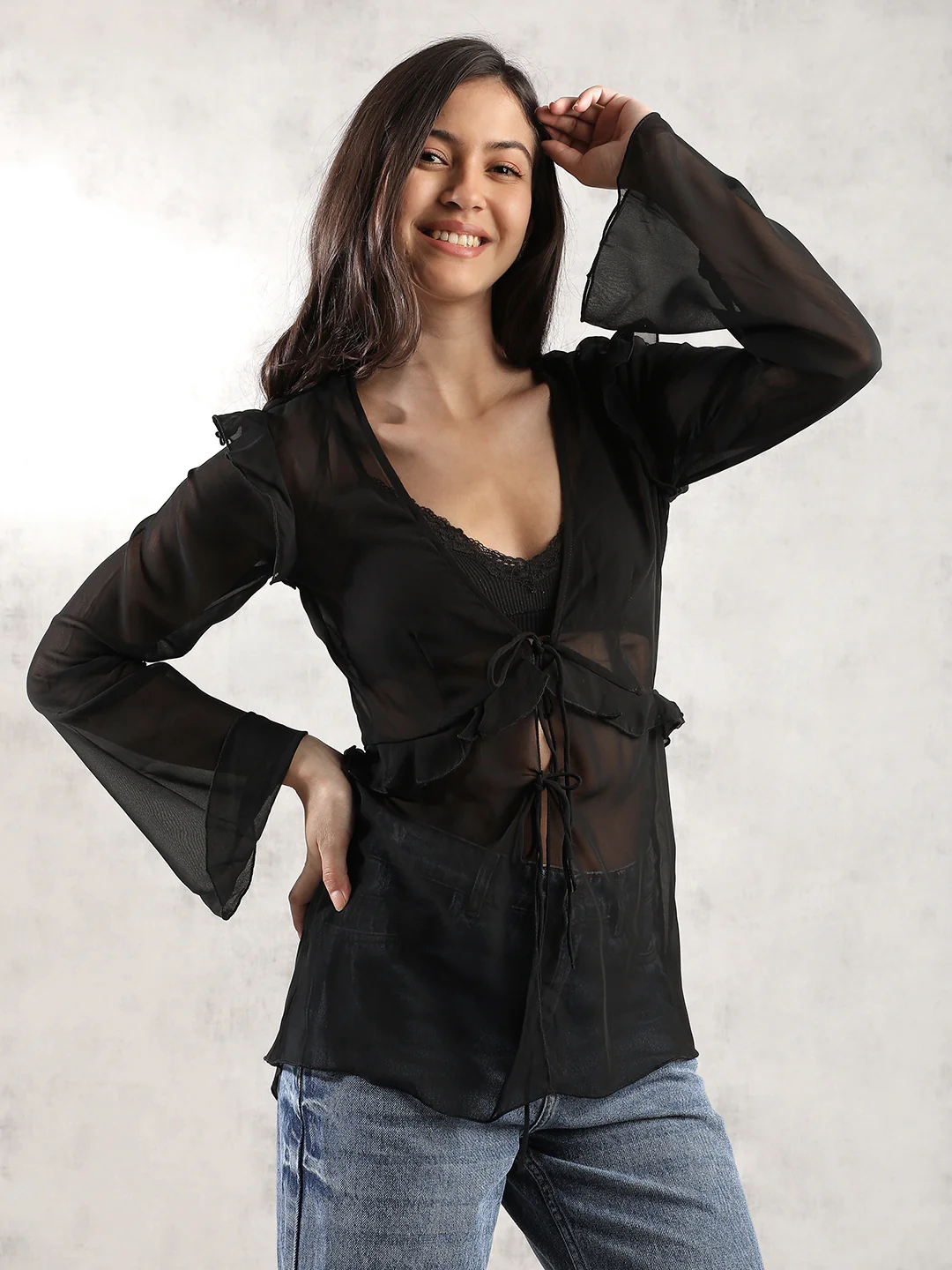 Women Black Sheer Front Tie Up Top - Image 6