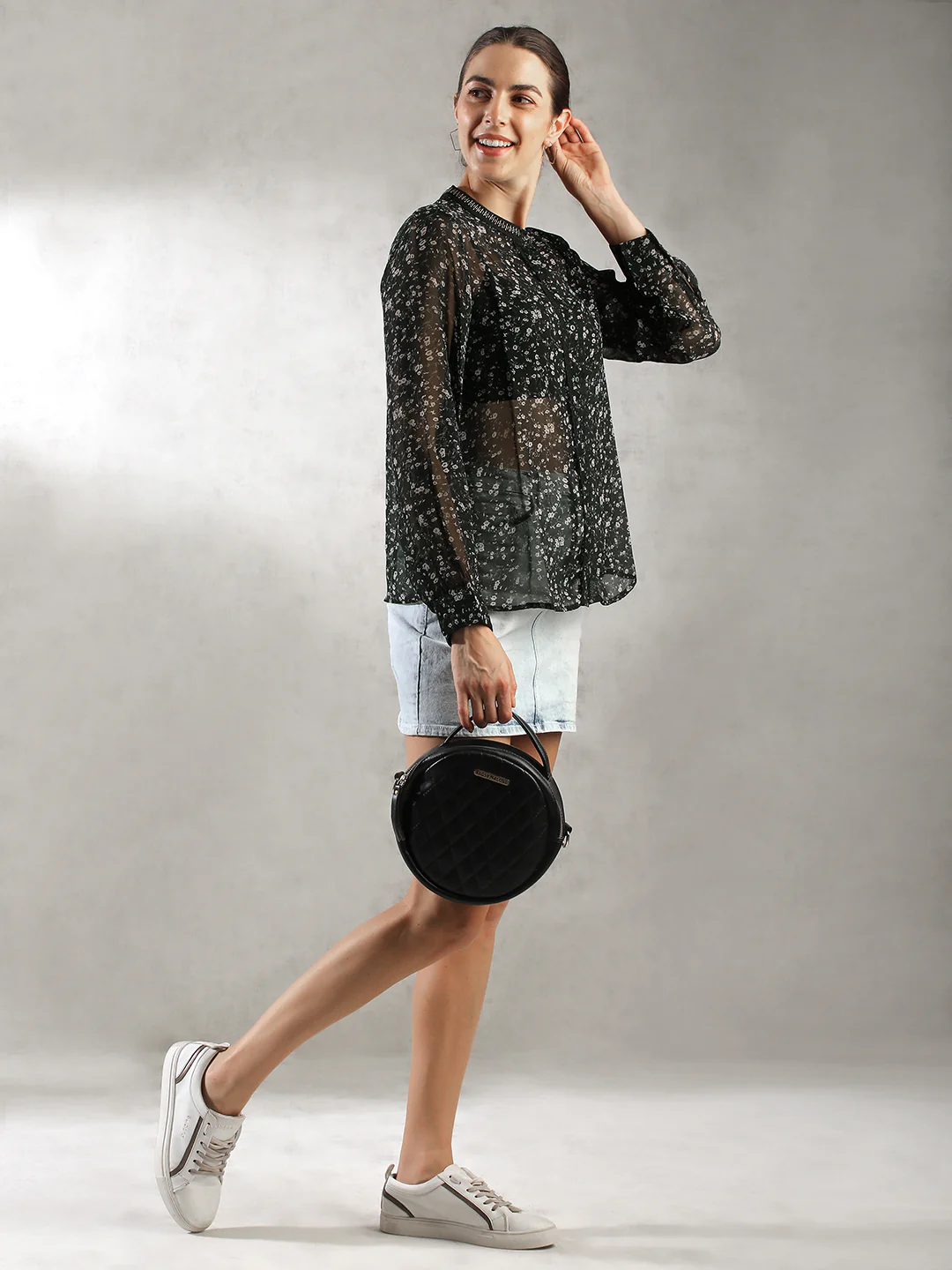 Women Black Printed Sheer Top - Image 2