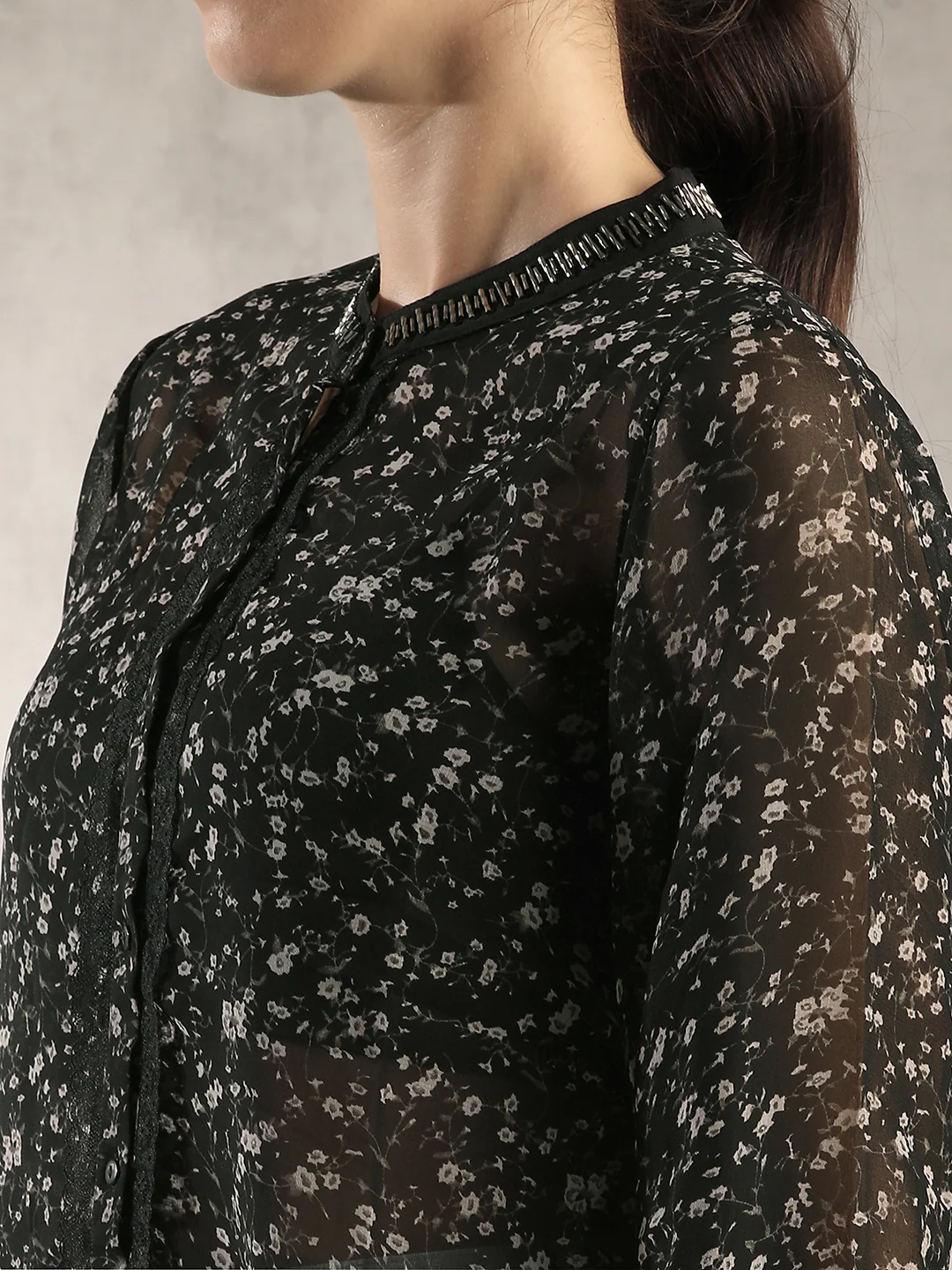 Women Black Printed Sheer Top - Image 3