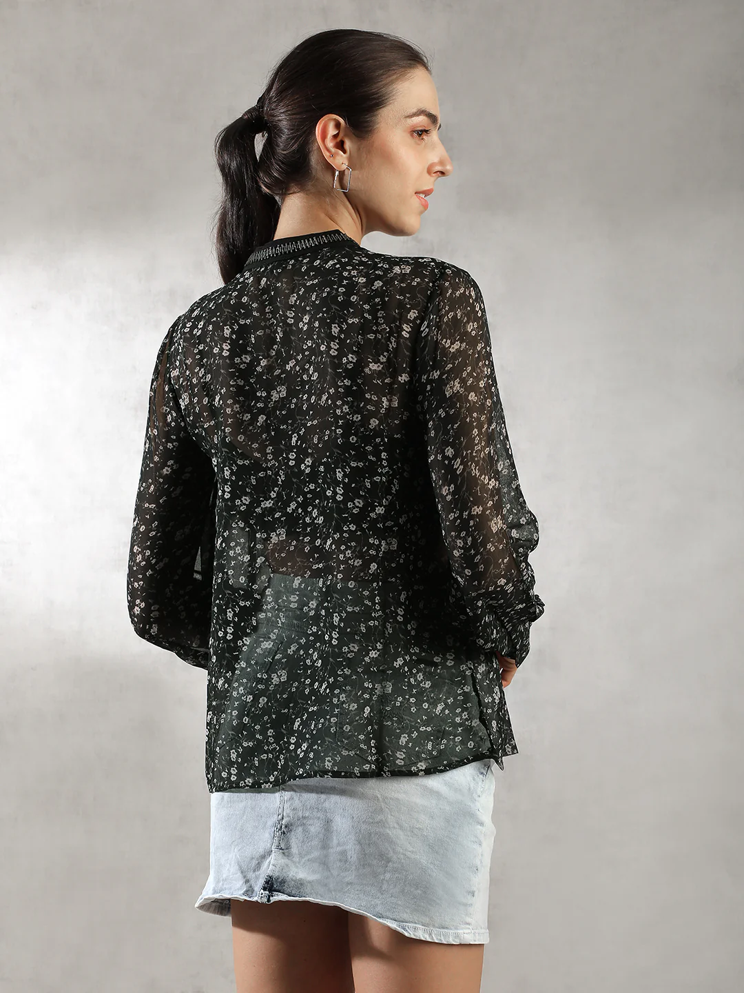 Women Black Printed Sheer Top - Image 4