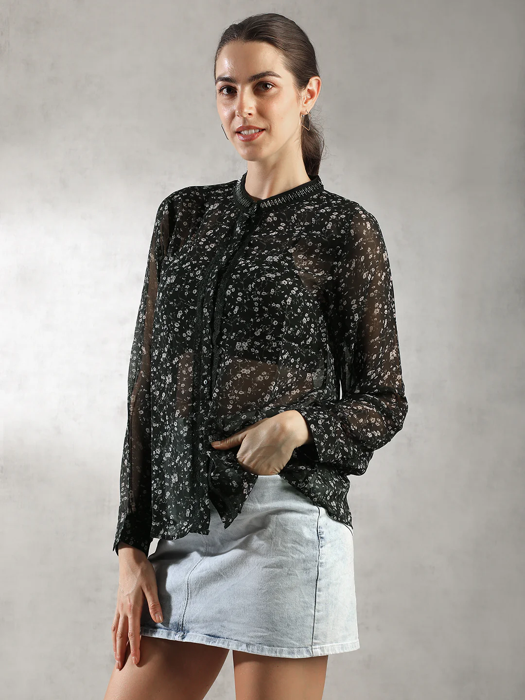 Women Black Printed Sheer Top - Image 5
