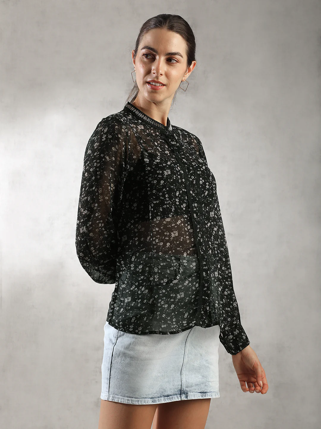Women Black Printed Sheer Top - Image 6