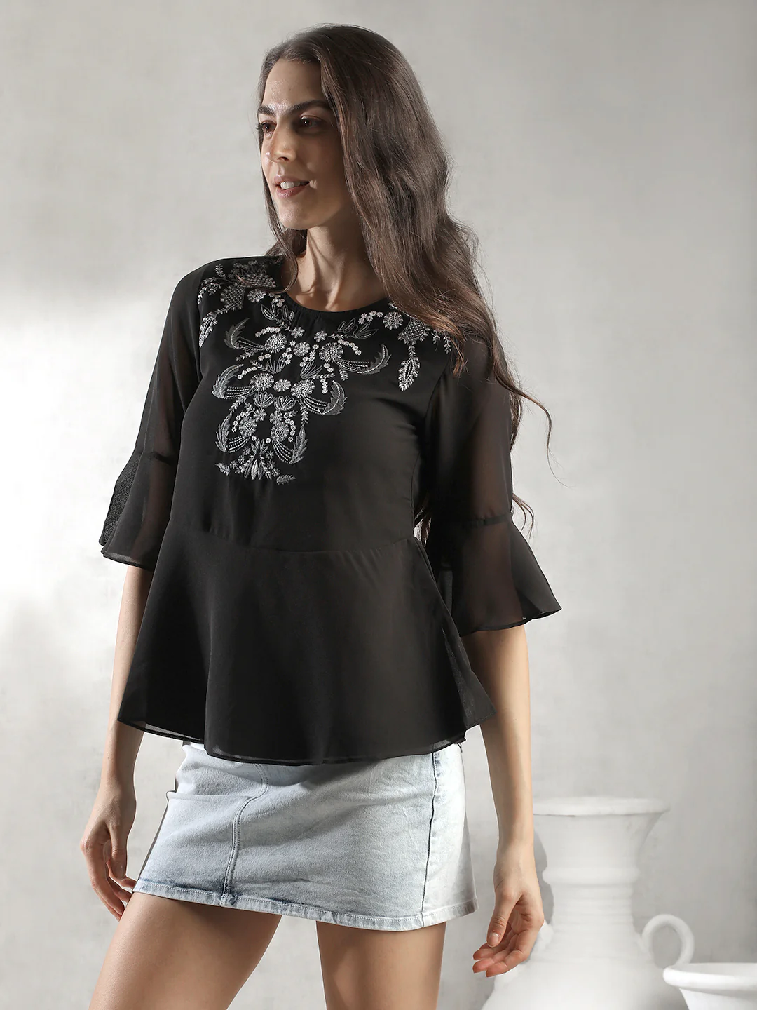 Women Black Embroidered Top - Image 5