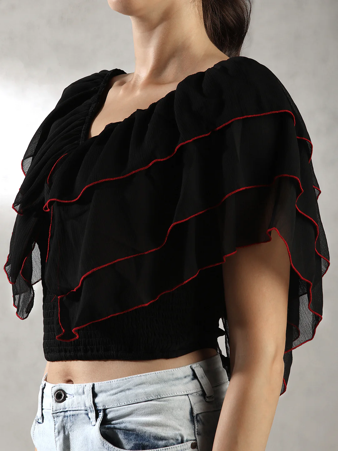 Women Black Layered Crop Top - Image 4