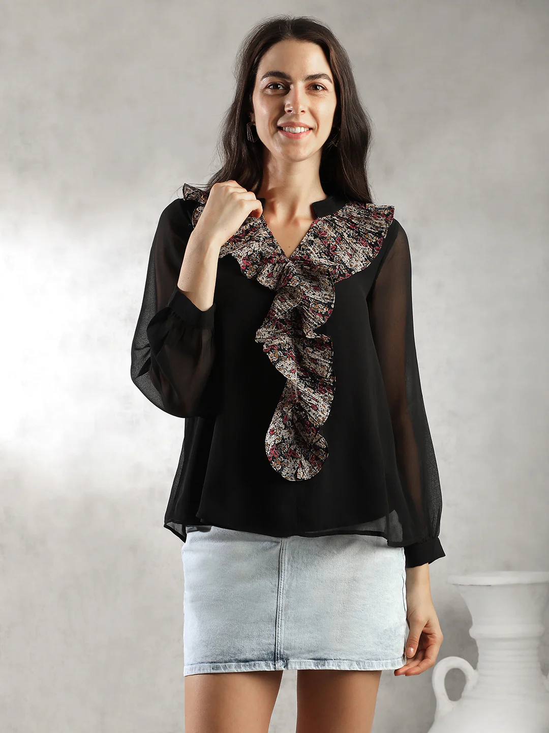 Women Black Front Ruffles Top - Image 2