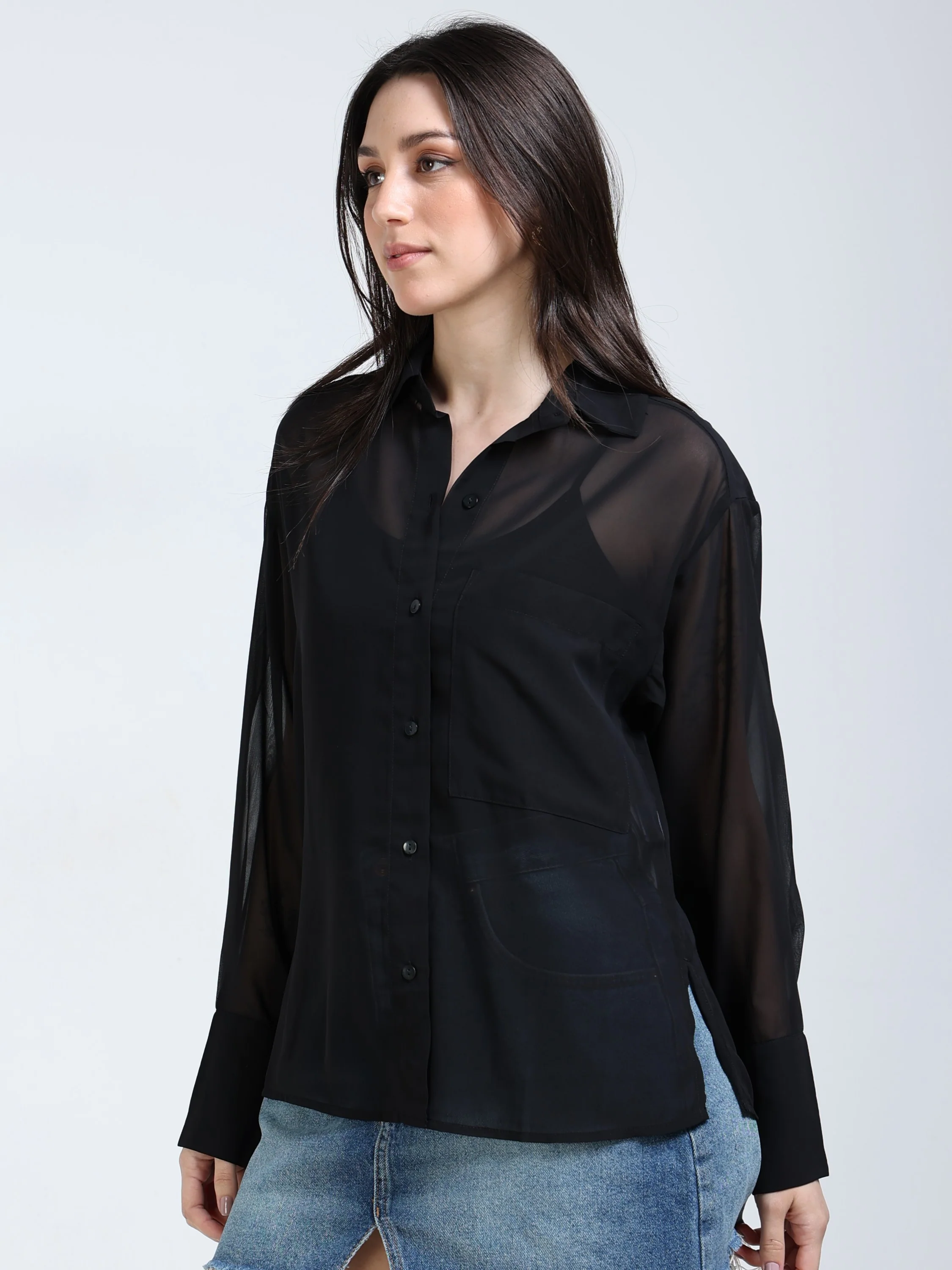Women Black See-Through Party Shirt - Image 5